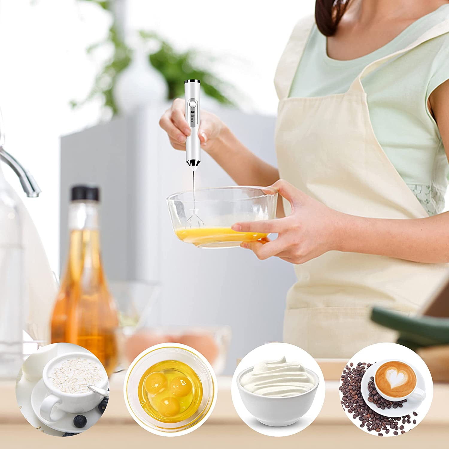 BN-LINK Handheld Milk Frother USB Rechargeable Electric Whisk Mixer with 2 Stainless Steel Heads (White, 9.25 in) s7kg7
