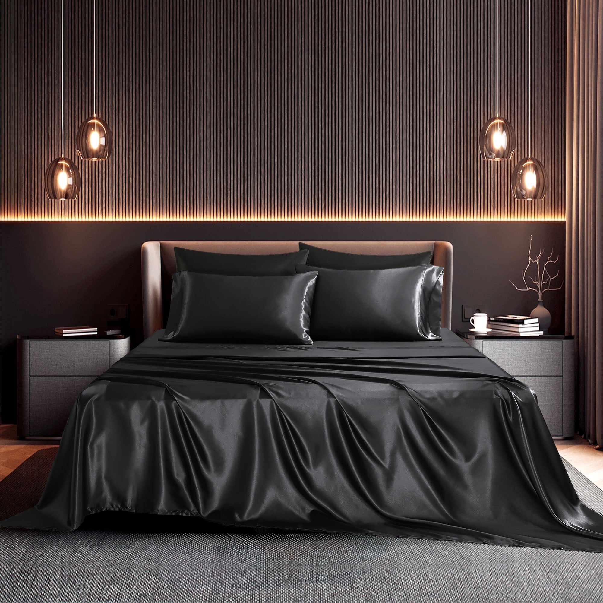 Seasonwood Satin Sheet Set, Silky Bedding Collection, Wrinkle-Resistant & Breathable (Black, Queen, 4-Piece) m18h3