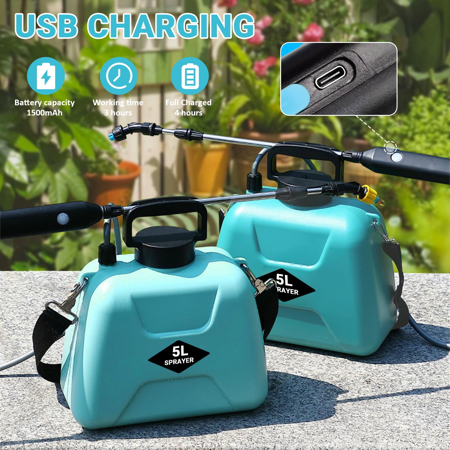Foukus Electric Garden Sprayer, Portable Battery Powered Plant Mister with Adjustable Shoulder Strap (Blue, 1.35 gal) 0s1eu