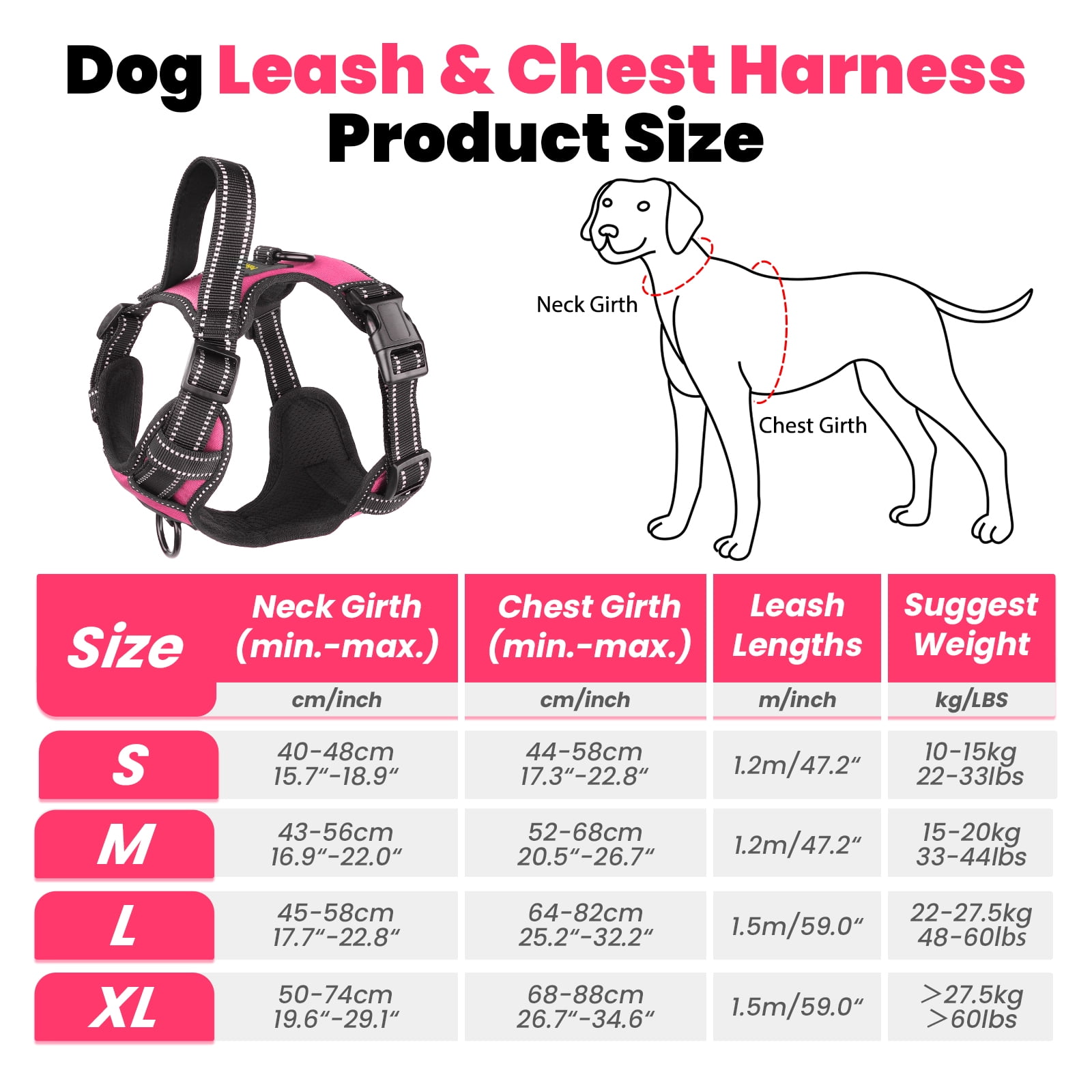 MASBRILL No Pull Dog Harness and Leash Set, Reflective Adjustable Padded Vest with Handle (Pink, Large) me4ue