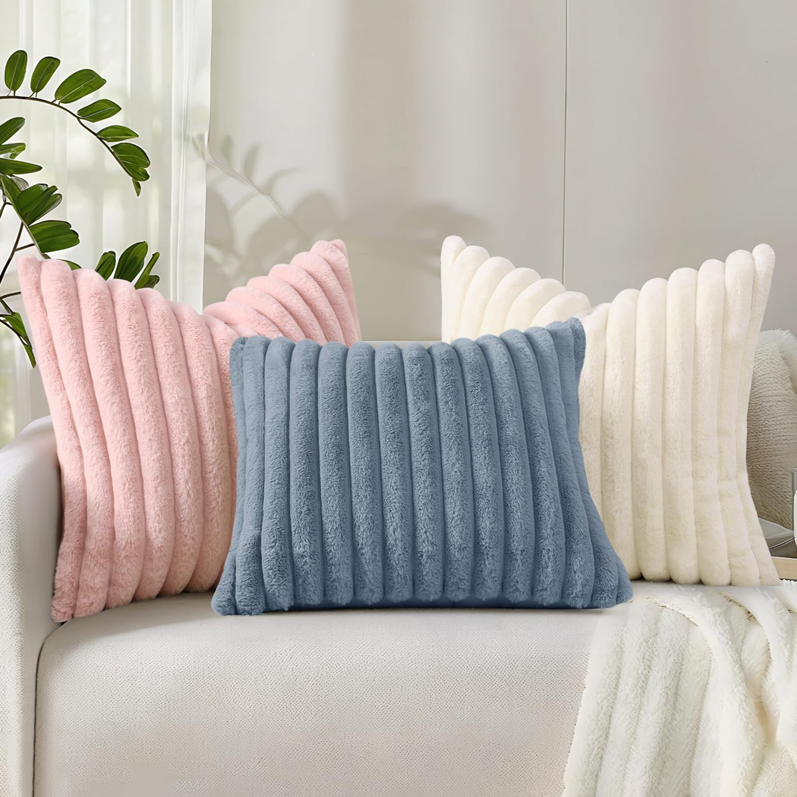decorUhome Faux Fur Plush Throw Pillow Covers, Soft Striped Decorative Couch Cushion Cases (Cream White, 18x18 in, 2 Pack) qzjp8