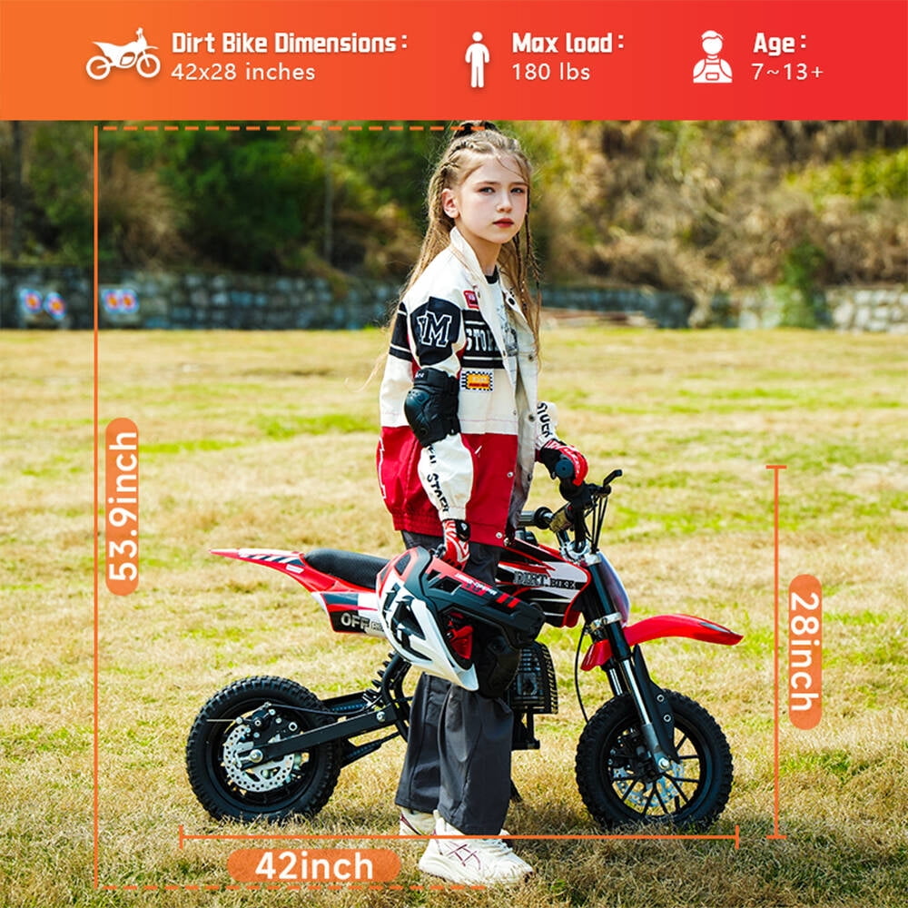 TOXOZERS 50cc 2-Stroke Gas Dirt Bike for Kids, Off-Road Mini Motorcycle with Front & Rear Suspension (Red, 42 in) x9ubt