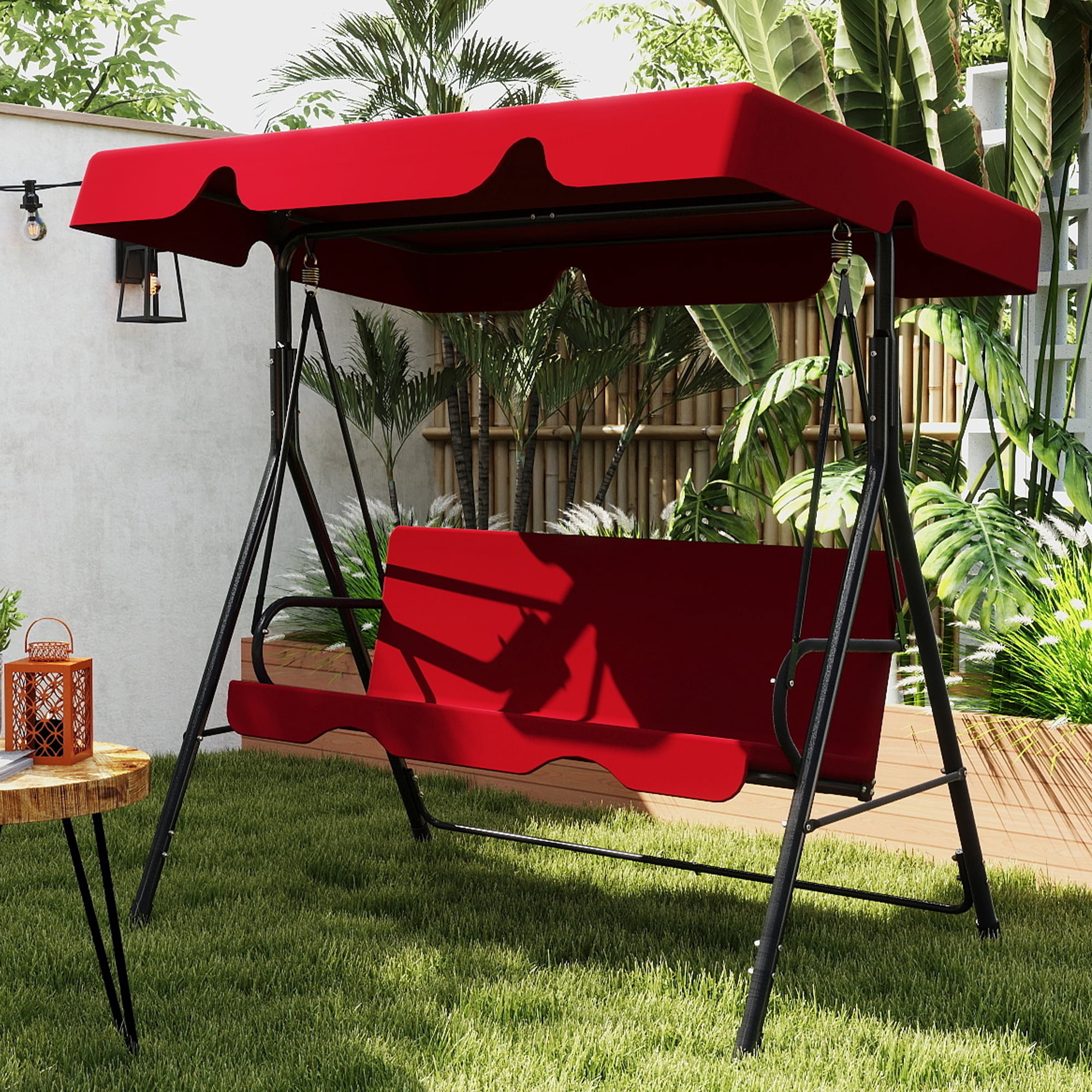 Skandiquip 3-Seater Outdoor Porch Swing with Adjustable Canopy, Heavy-Duty Steel Patio Glider (Red, 500 lb Capacity) gwyjv