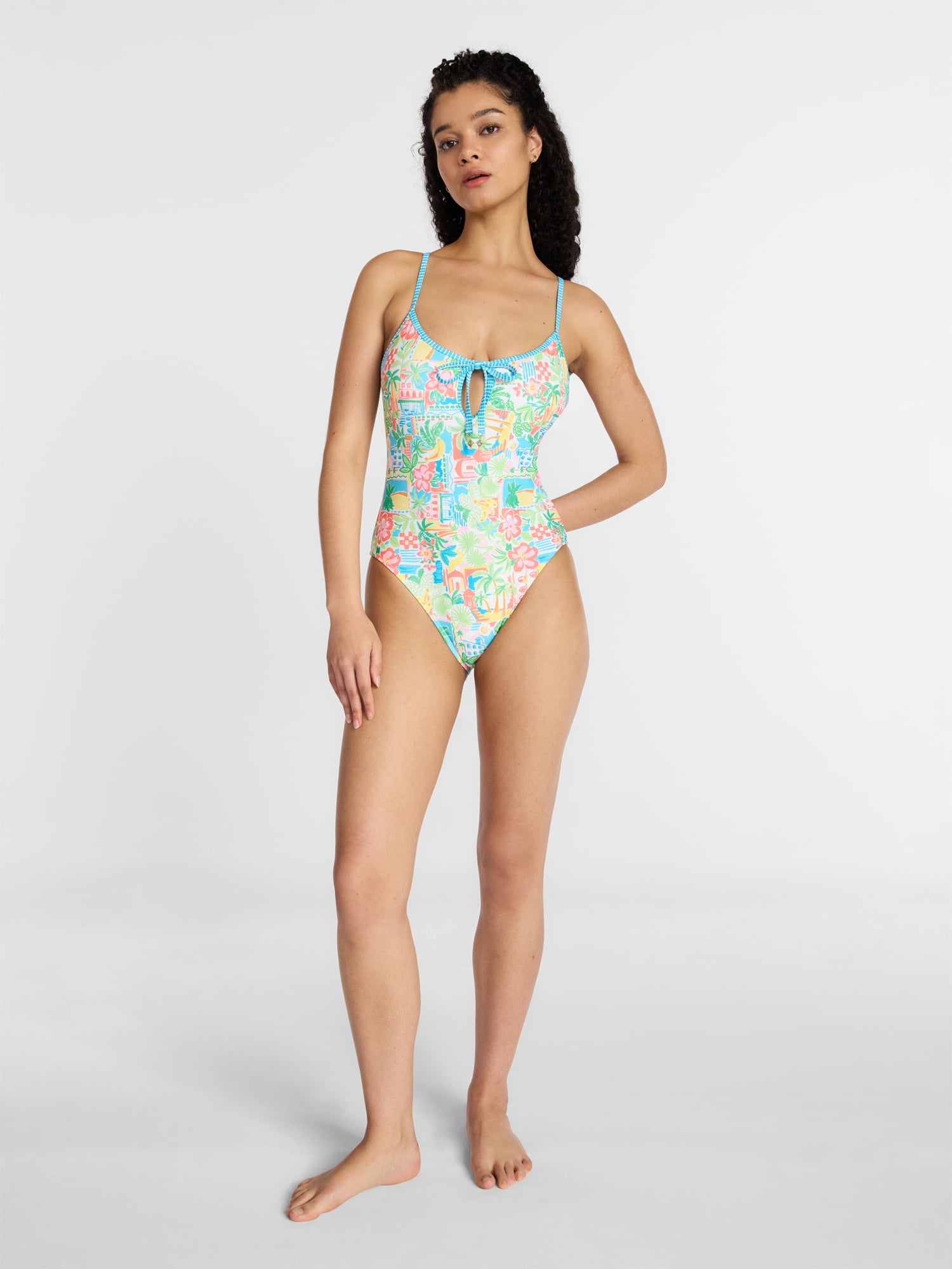 No Boundaries Women's Scoop Neck One Piece Swimsuit with Keyhole (White, XXS) jejhk
