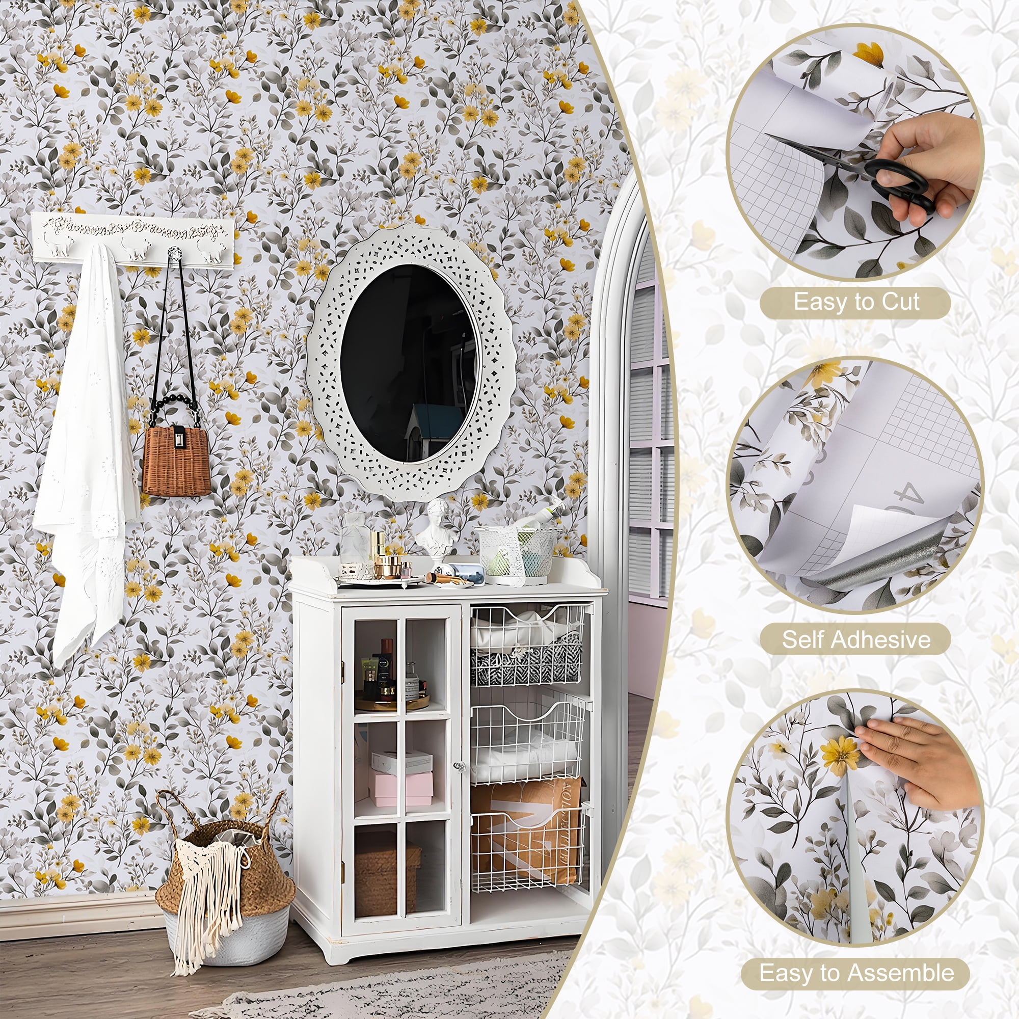 Abyssaly Floral Peel and Stick Wallpaper, Vintage Vinyl Contact Paper for Home Decor (Yellow, 17.3 in x 118 in) 54pri