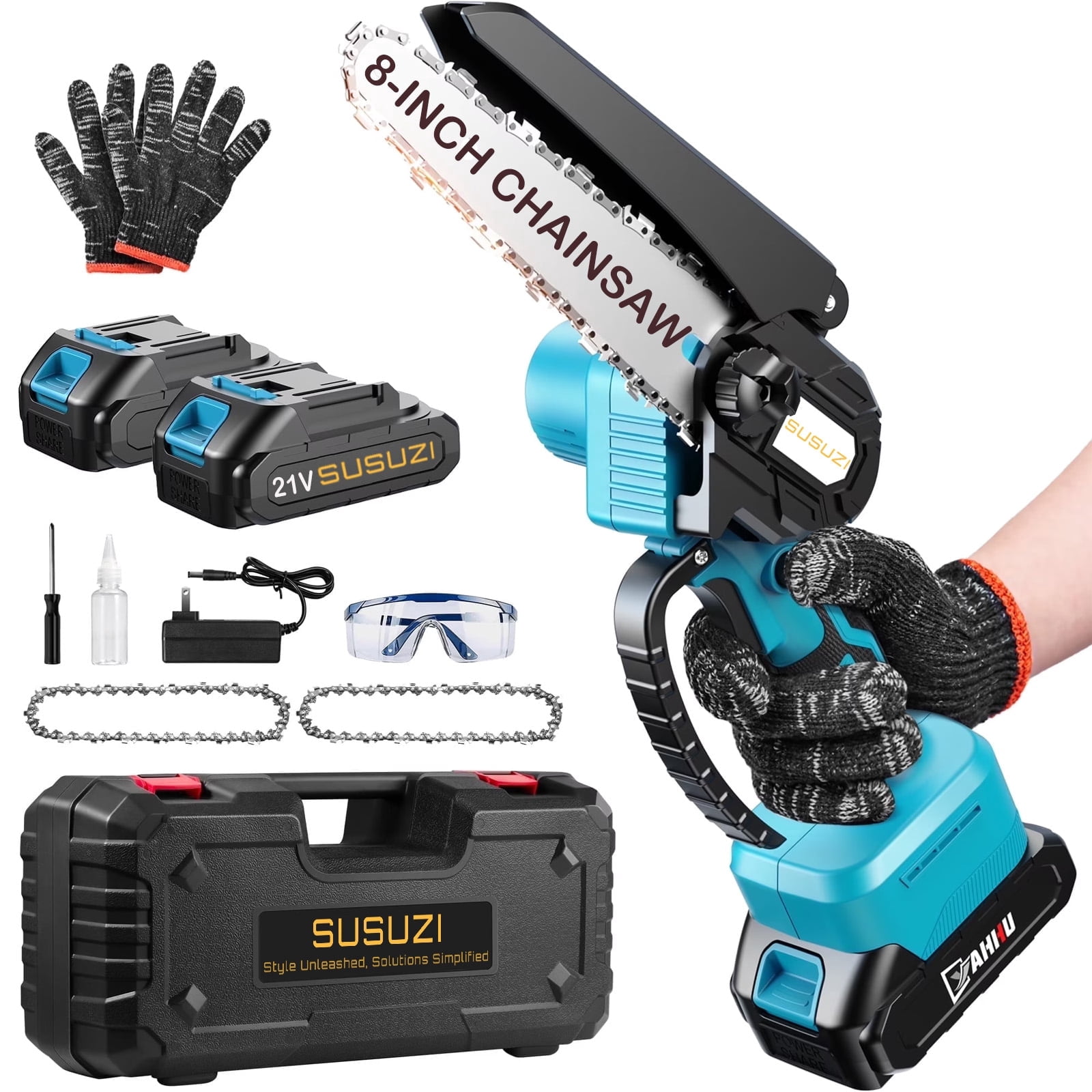 Susuzi 8-Inch Cordless Chainsaw, Brushless Mini Handheld Power Tool for Tree Trimming and Wood Cutting (Blue, 4.85 lb) 0mv7b