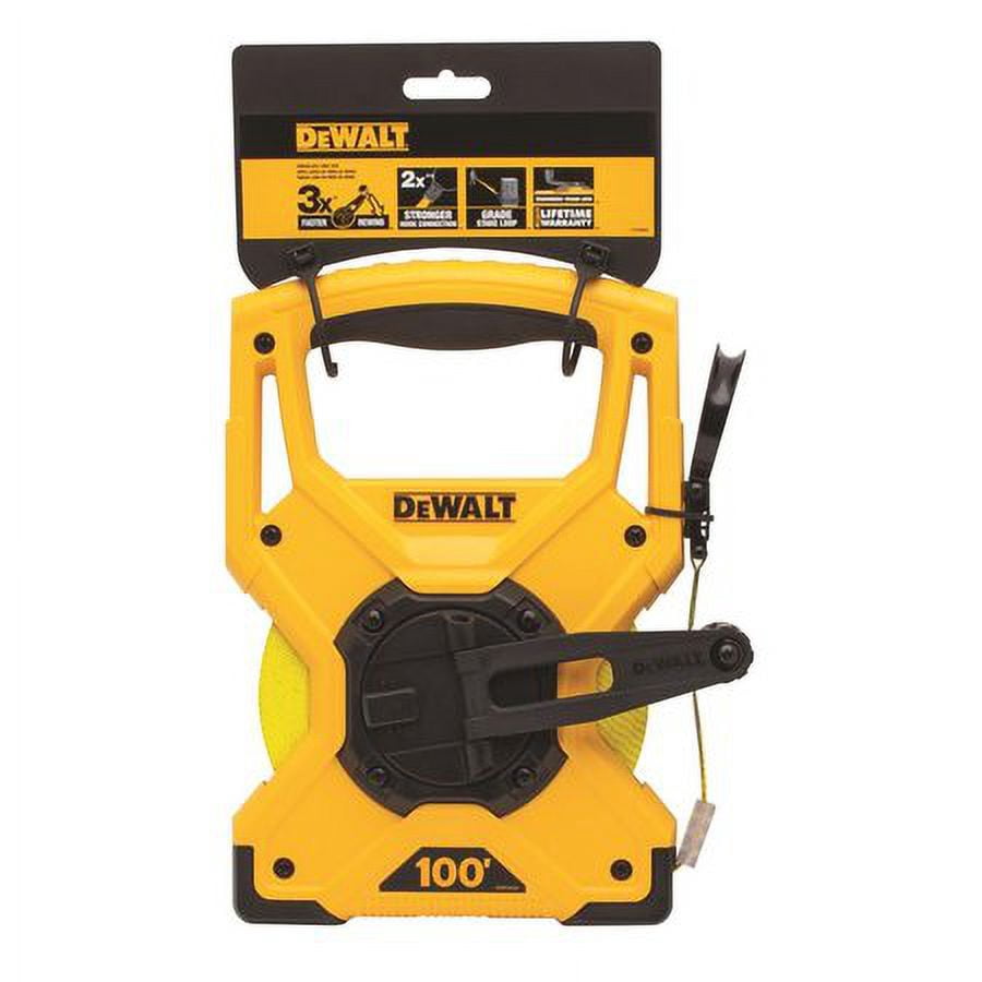 DEWALT Long Tape Measure, Heavy-Duty Fiberglass Blade, Ergonomic Hand-Crank Reel (Yellow, 0.5 in x 100 ft) k11n0