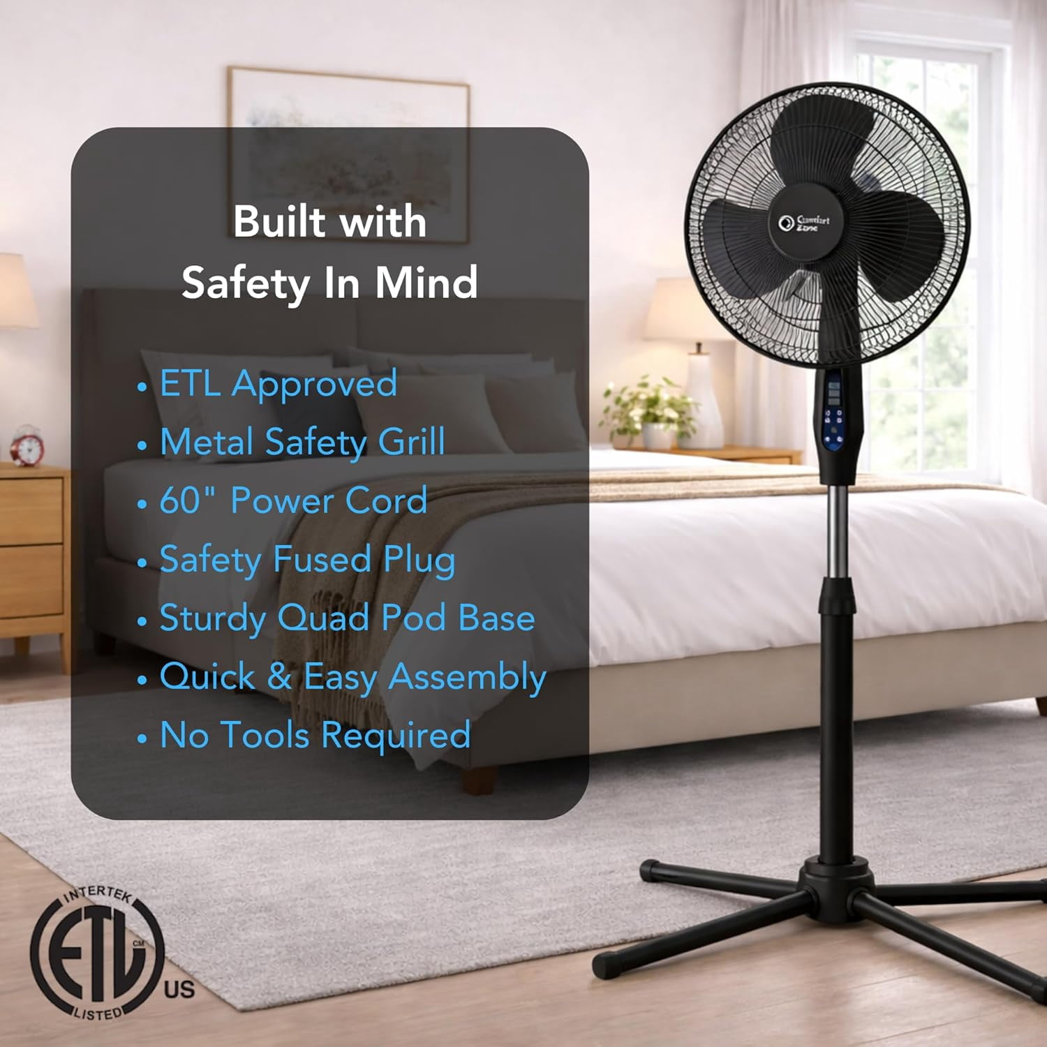 Comfort Zone 16-Inch Oscillating Pedestal Fan with Remote Control (Black, 48 in Height) o80am