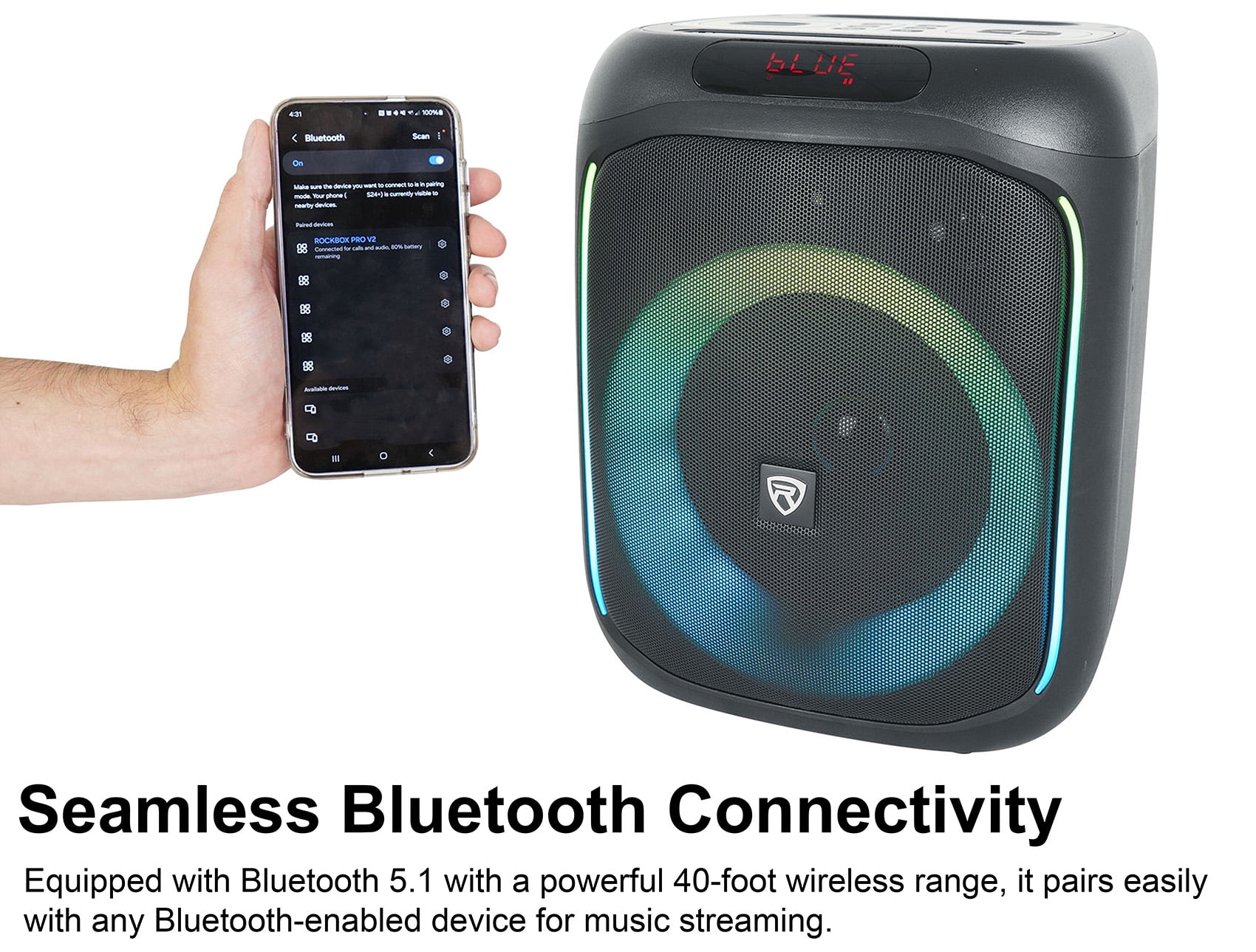 Rockville ROCKBOX PRO V2 Portable Bluetooth Party Speaker with LED Lights and Microphone Input (6.5 in, 150w) lxwdn