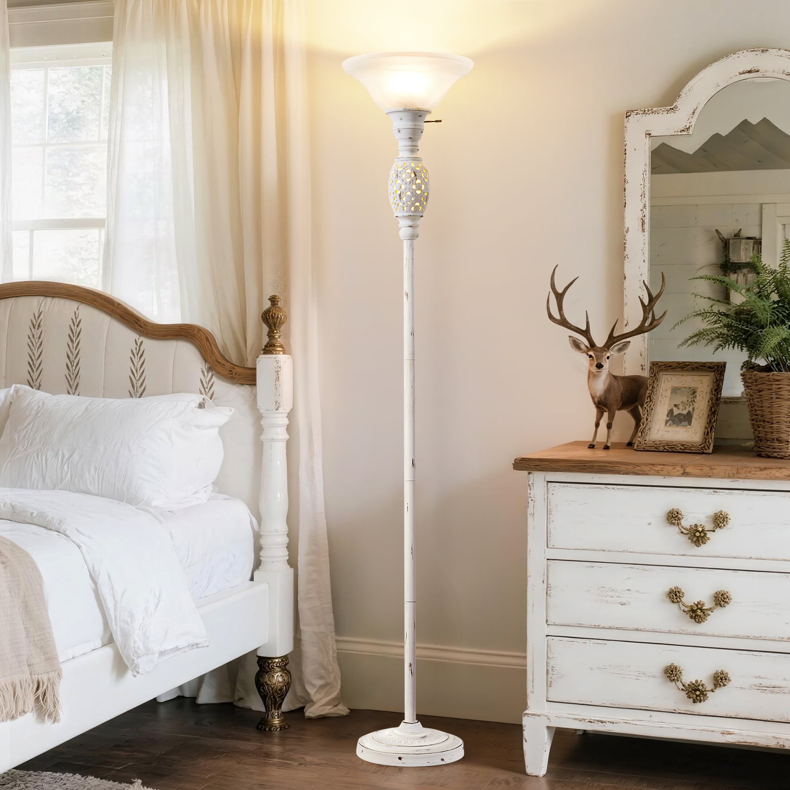 NATYSWAN Torchiere Floor Lamp with Nightlight and Glass Shade (White, 70 in) ljgyp