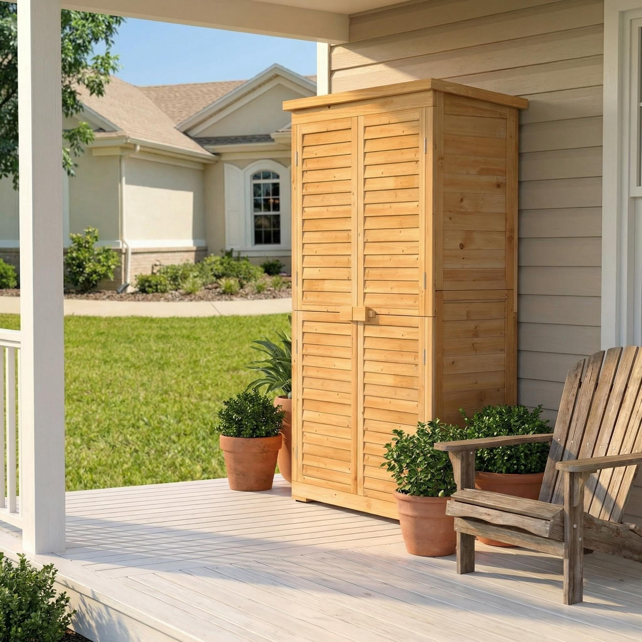 Lofka Outdoor Storage Cabinet, Weatherproof Garden Shed with Lockable Doors and Adjustable Shelves (Natural, 63.2 in) 71pwo