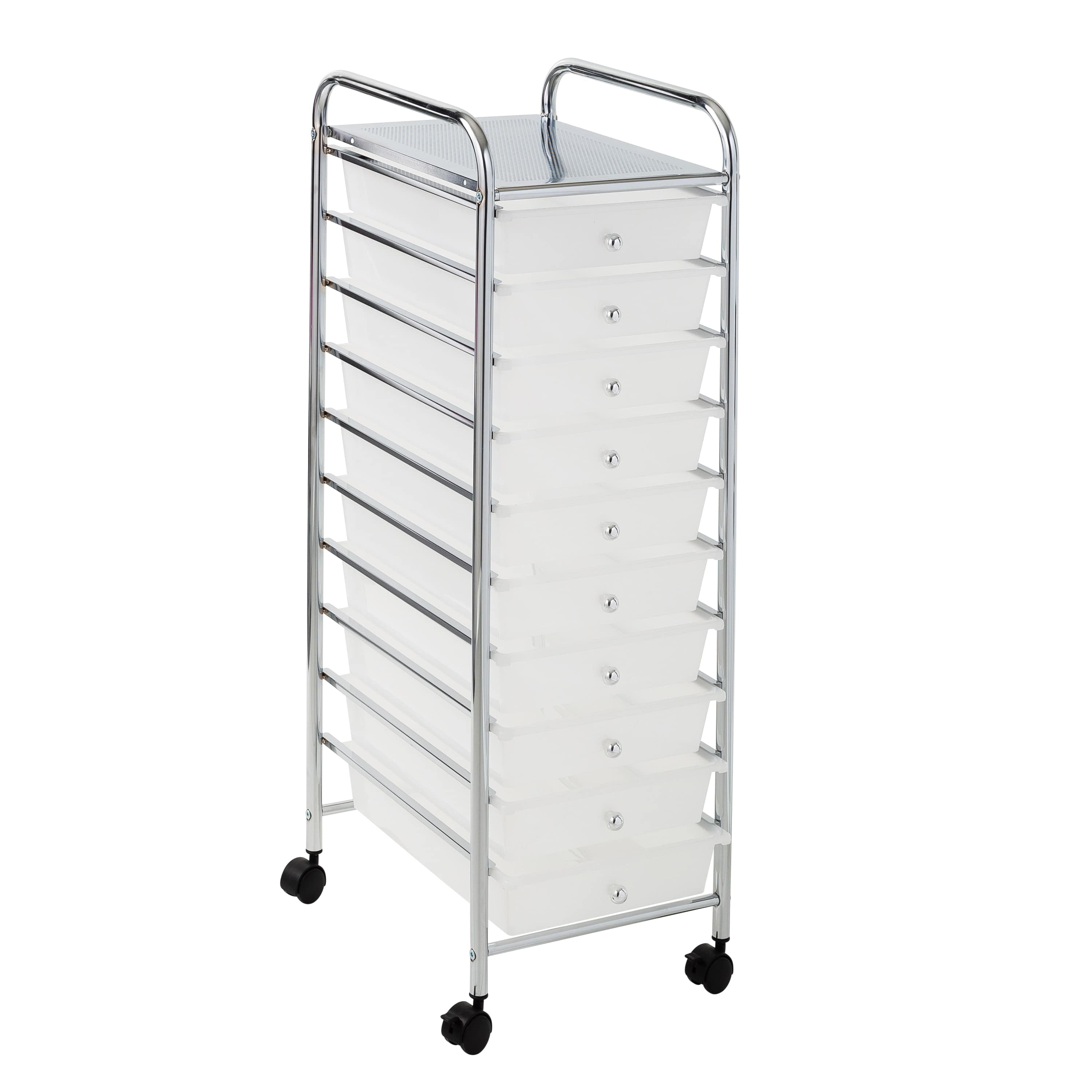 Hello Hobby 10-Drawer Rolling Craft Cart, Mobile Storage Organizer with Locking Wheels (Clear/Chrome, 15.31 in L x 12.6 in W x 38.1 in H) k0lp3
