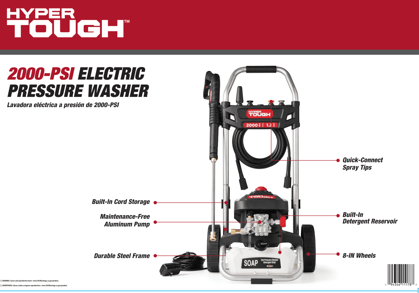 Hyper Tough Electric Pressure Washer, 2000 PSI at 1.2 GPM, Cold Water Cleaning System (120 V) h732n