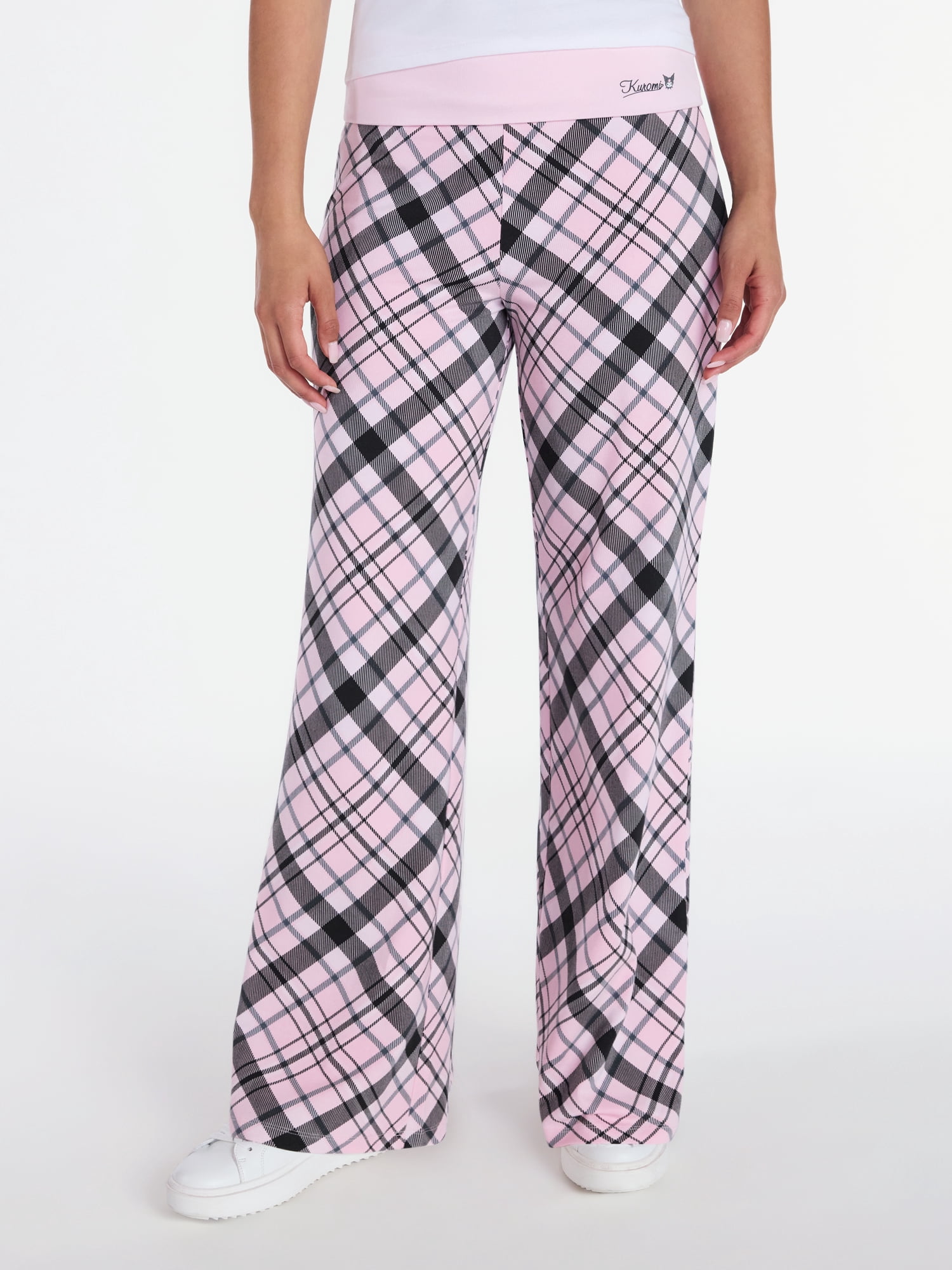 HelloKittyFriends Kuromi Plaid Foldover Pants Women's Wide Leg Lounge Bottoms (Pink, S) sbf7h