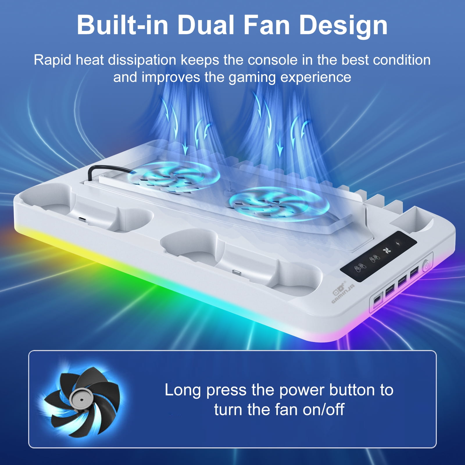 Pecham Vertical Cooling Stand for PS5 and PS5 Slim with Dual Controller Charger and RGB Lighting (White, 12.99 in x 8.11 in x 1.46 in) dh84o