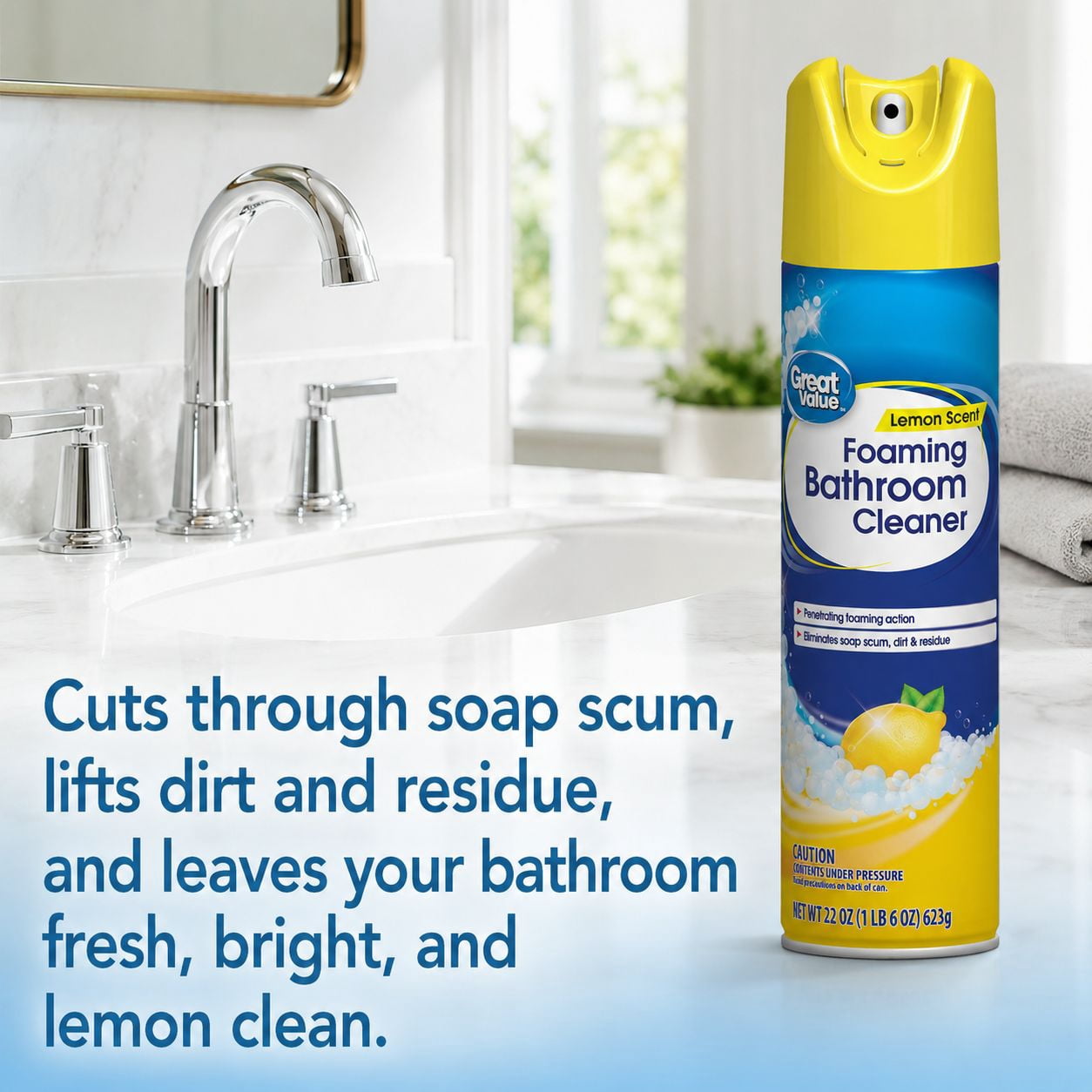 Great Value Foaming Bathroom Cleaner, Lemon Scent, Heavy-Duty Surface Scrub (22 oz) 3jpvd