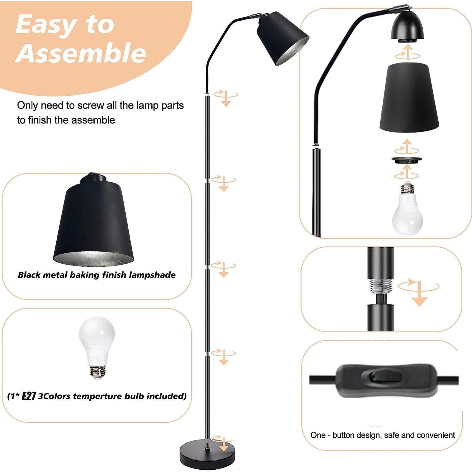 Golyzmt Modern Dimmable LED Floor Lamp, Adjustable Height Standing Light for Living Room and Bedroom (Black, 60 in) j32dq