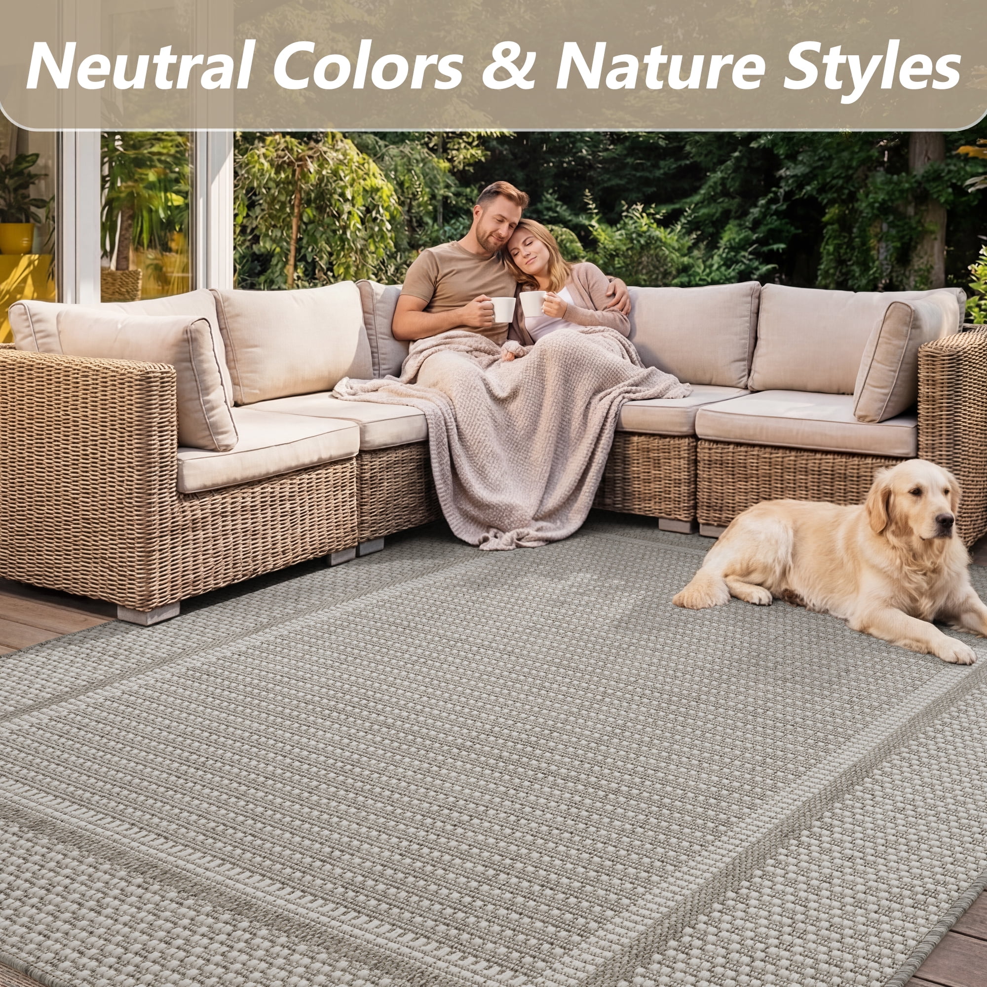 SIXHOME Outdoor Rug Modern Bordered Indoor Outdoor Patio Carpet (Neutral Gray, 9 ft x 12 ft) smlmv