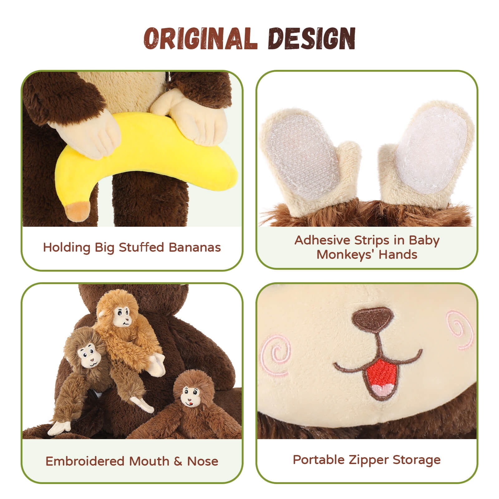 MaoGoLan Monkey Mommy Stuffed Animal Set with 3 Baby Monkeys and 1 Banana Plush Toy (Brown, 25.6 in) lcchm