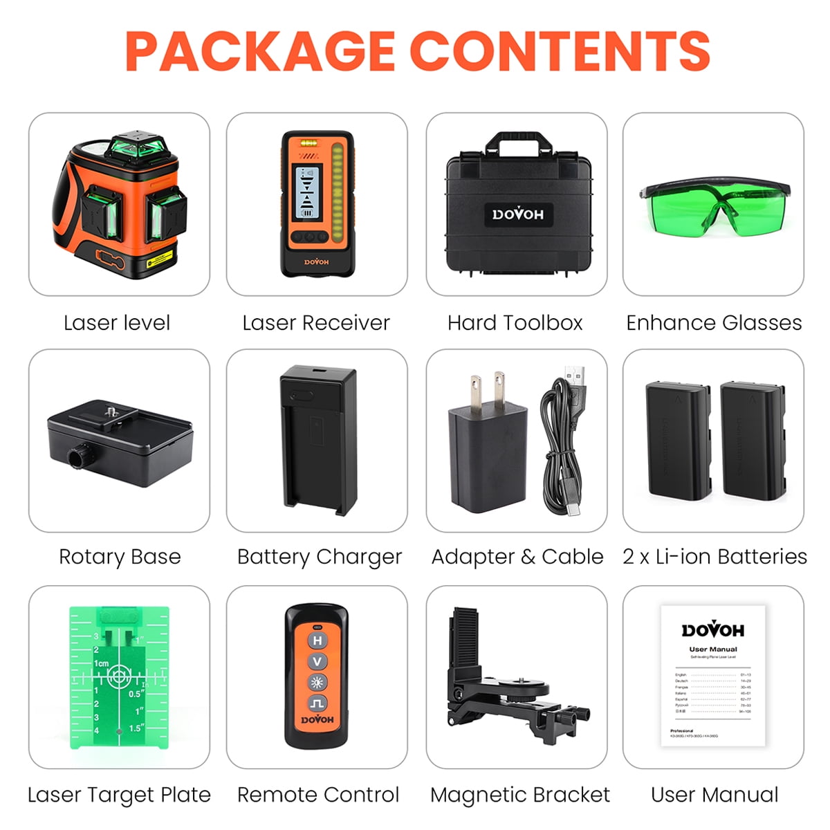 DOVOH H3-360G Laser Level Kit, 360 Degree Self-Leveling Green Beam with Receiver (Green, 1 Kit) 1h1ki
