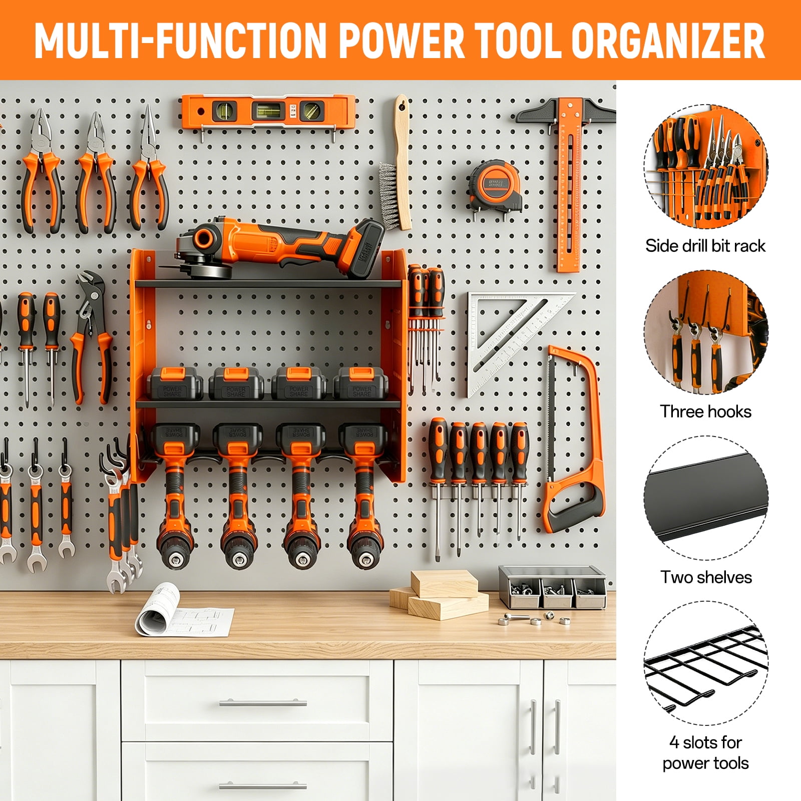 Loonpon Power Tool Organizer Wall Mount, 4-Layer Heavy Duty Drill Storage Shelf with Hooks (Orange, 16.4 in x 8.7 in x 18.9 in) ukydt