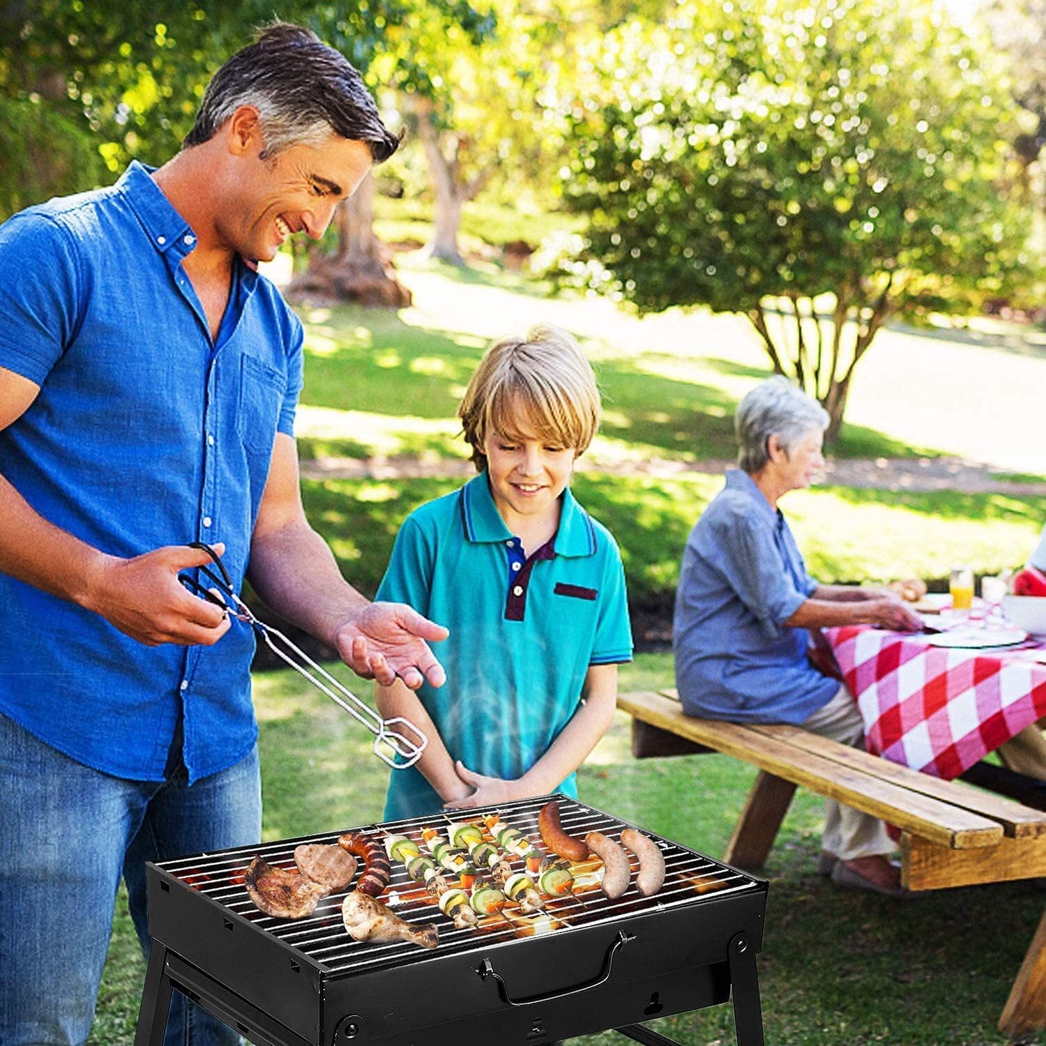Vowella Portable Folding Charcoal Grill, Compact Stainless Steel Barbecue Set for Camping and Picnics (Black, 17 in x 11 in x 11 in) xr9g8