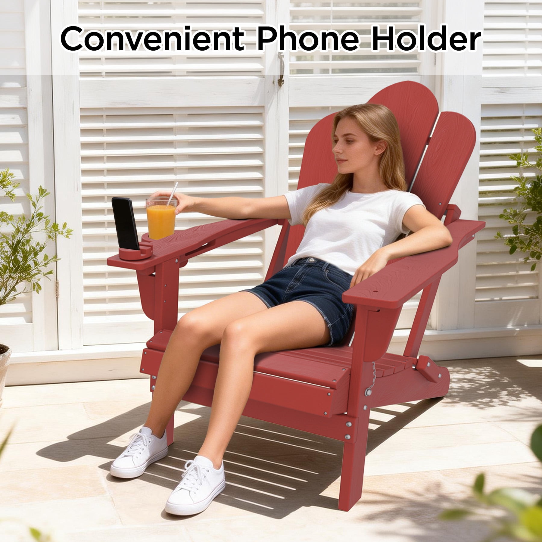 Tappio Folding Adirondack Chair All-Weather HDPE Outdoor Patio Chair with 3-Position Adjustable Backrest and Device Holder (Red) ttu2p