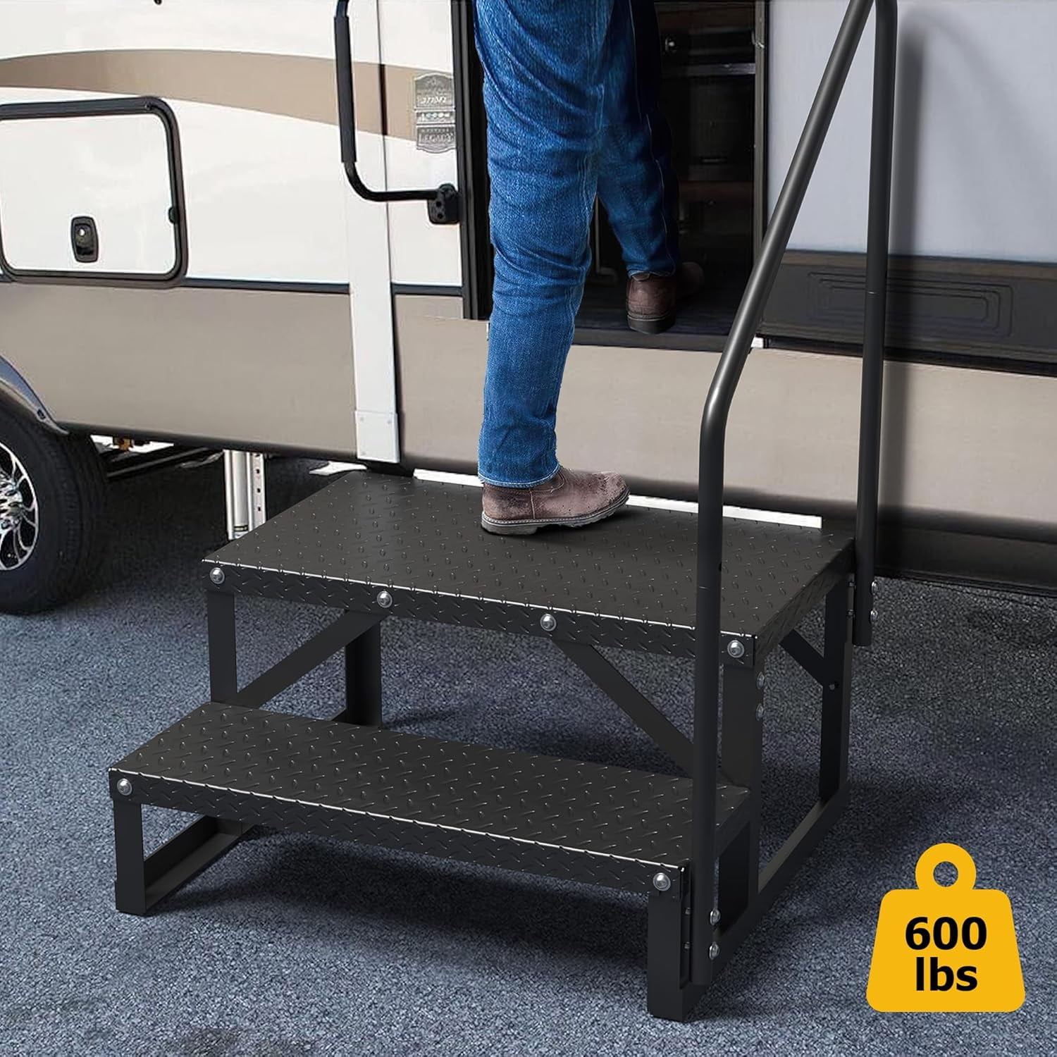 GARVEE 2-Step RV Stairs with Handrail, Heavy-Duty Portable Ladder for Travel Trailers and Hot Tubs (Black, 600 lb) a4k0w