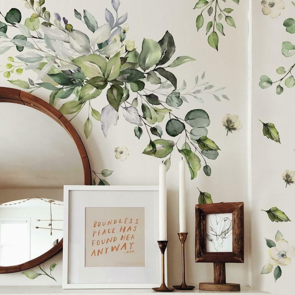 RoomMates Watercolor Floral Arrangement Peel and Stick Giant Wall Decals (White, 18-Piece Set) 1vuxf