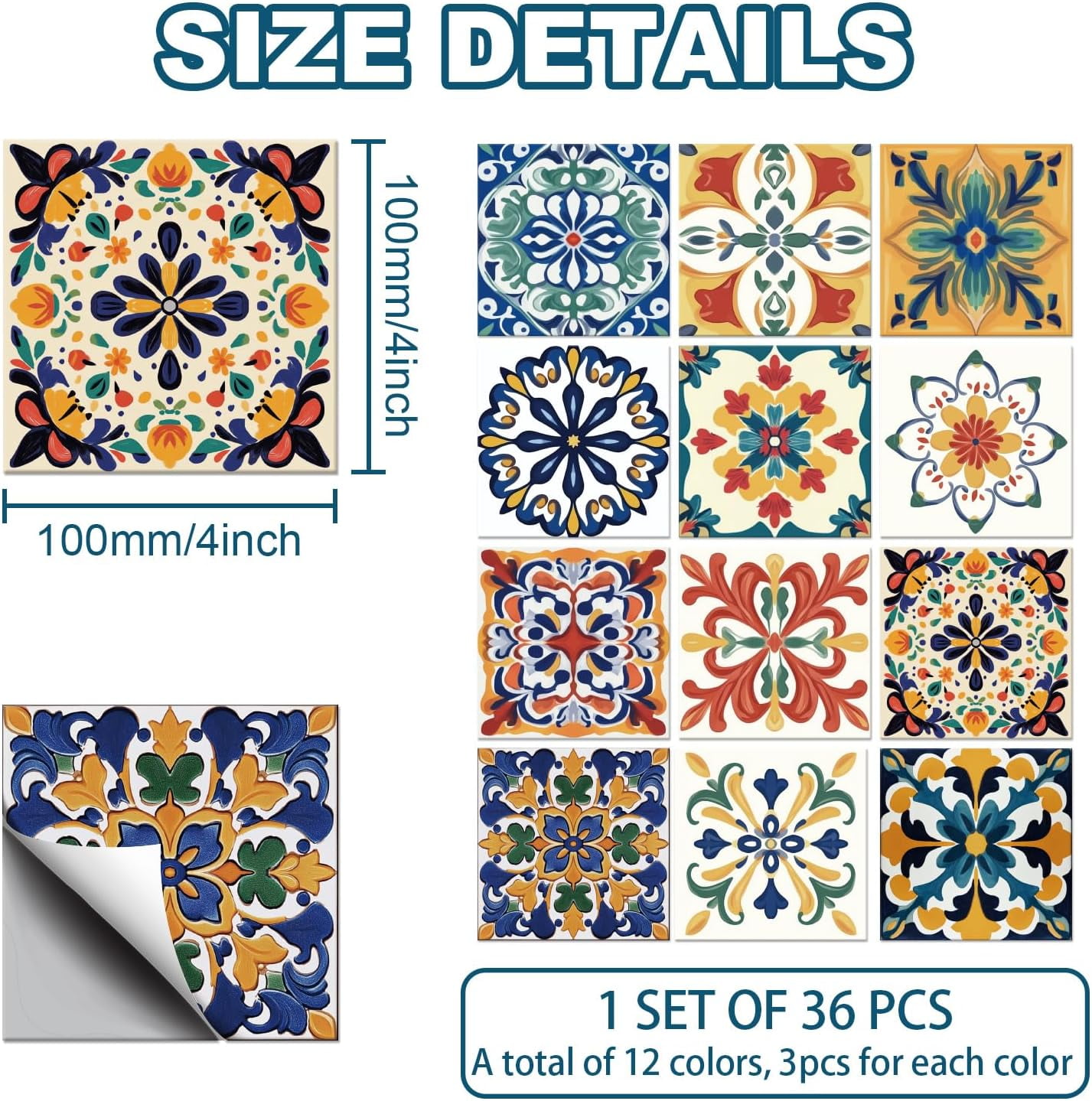 SUNNYCLUE Mosaic Peel and Stick Tile Stickers, Bohemian Mediterranean Removable Wall Decals for Kitchen and Bathroom (Multicolor, 36 Pack, 4x4 in) qoc1s