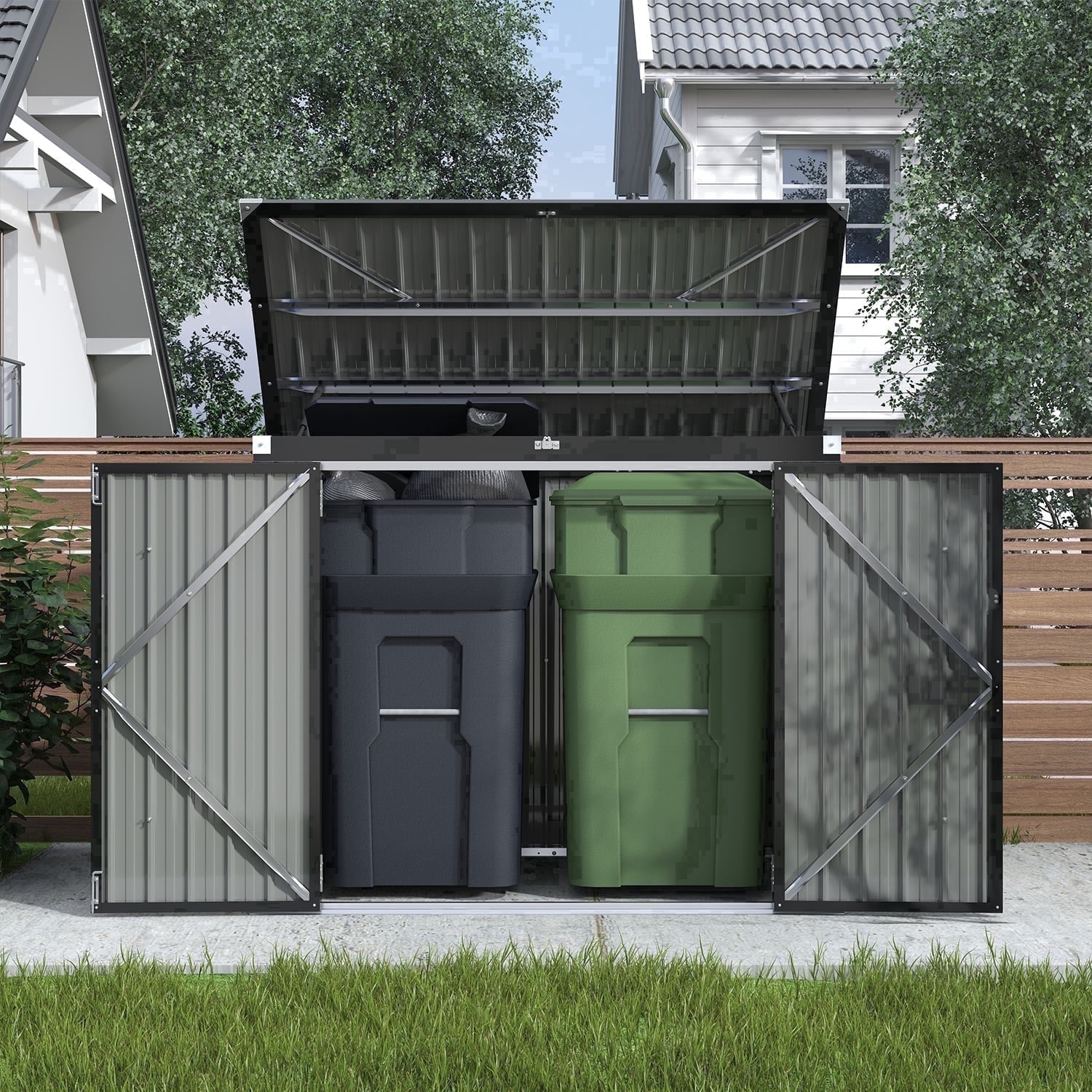 CLOUDDWELL Outdoor Metal Trash Storage Shed, Weather-Resistant Garbage Bin Enclosure with Lockable Doors (Black, 3 ft x 5 ft) 273uf