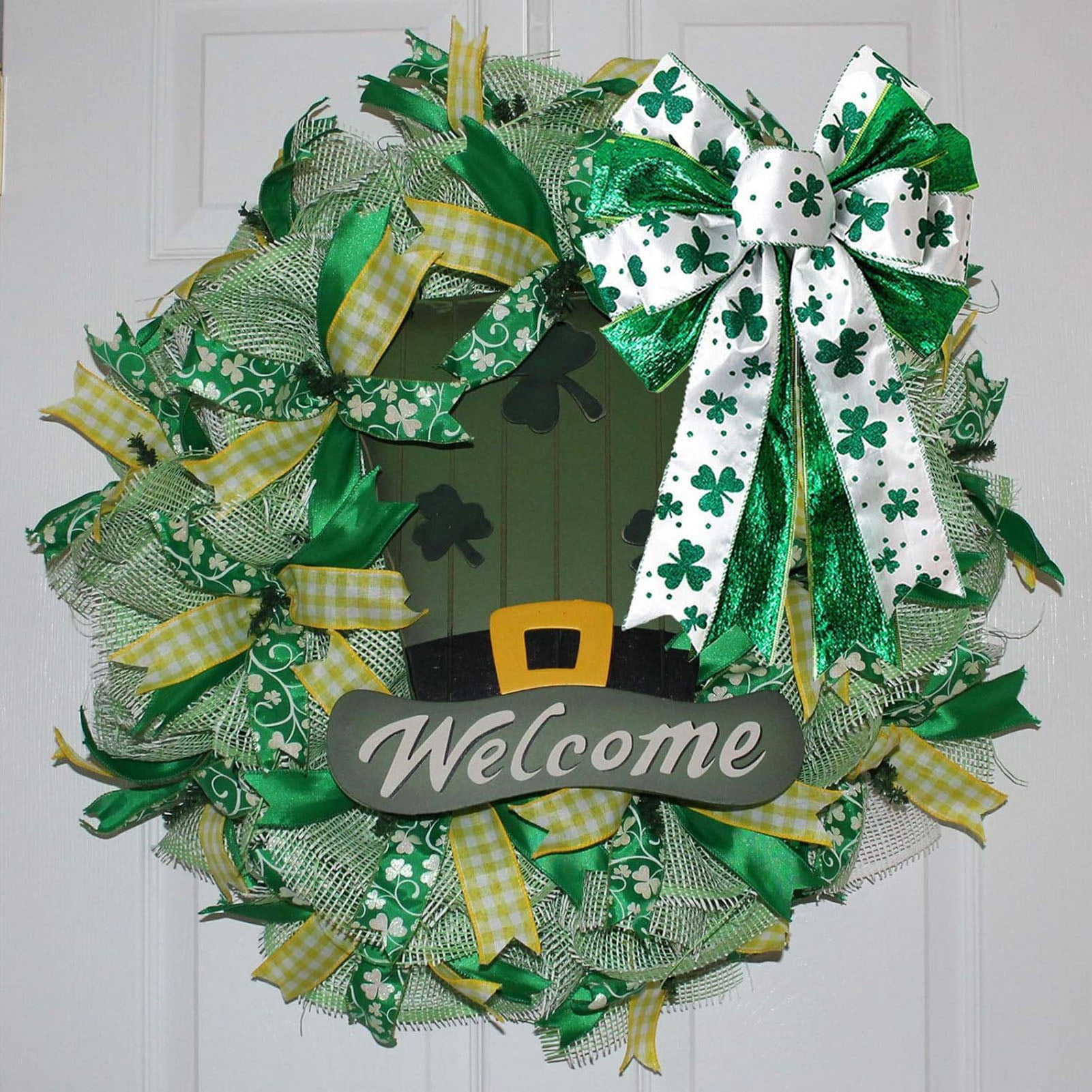 Dserhfy St. Patrick's Day Shamrock Bow Large Glitter Ribbon Decor for Wreath and Tree Topper (White and Green, 17.8 in x 11.5 in) tldru