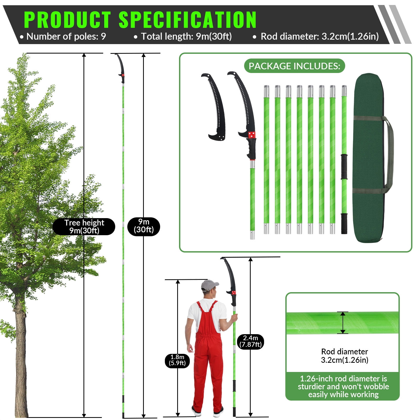 DWALE Extendable Tree Pole Pruner Manual Branch Trimmer with Saw Blade (30 ft) 4fog0 - Image 3