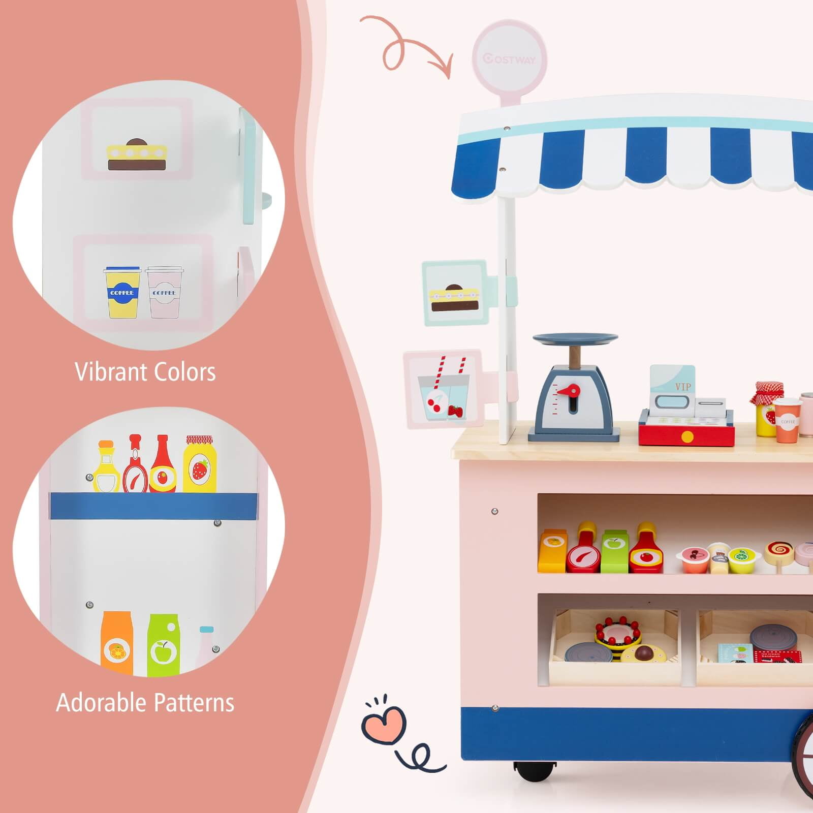 Costway Kids Snacks and Sweets Food Cart Play Set with 30 Accessories (Pink, 30 Piece Set) v72kq