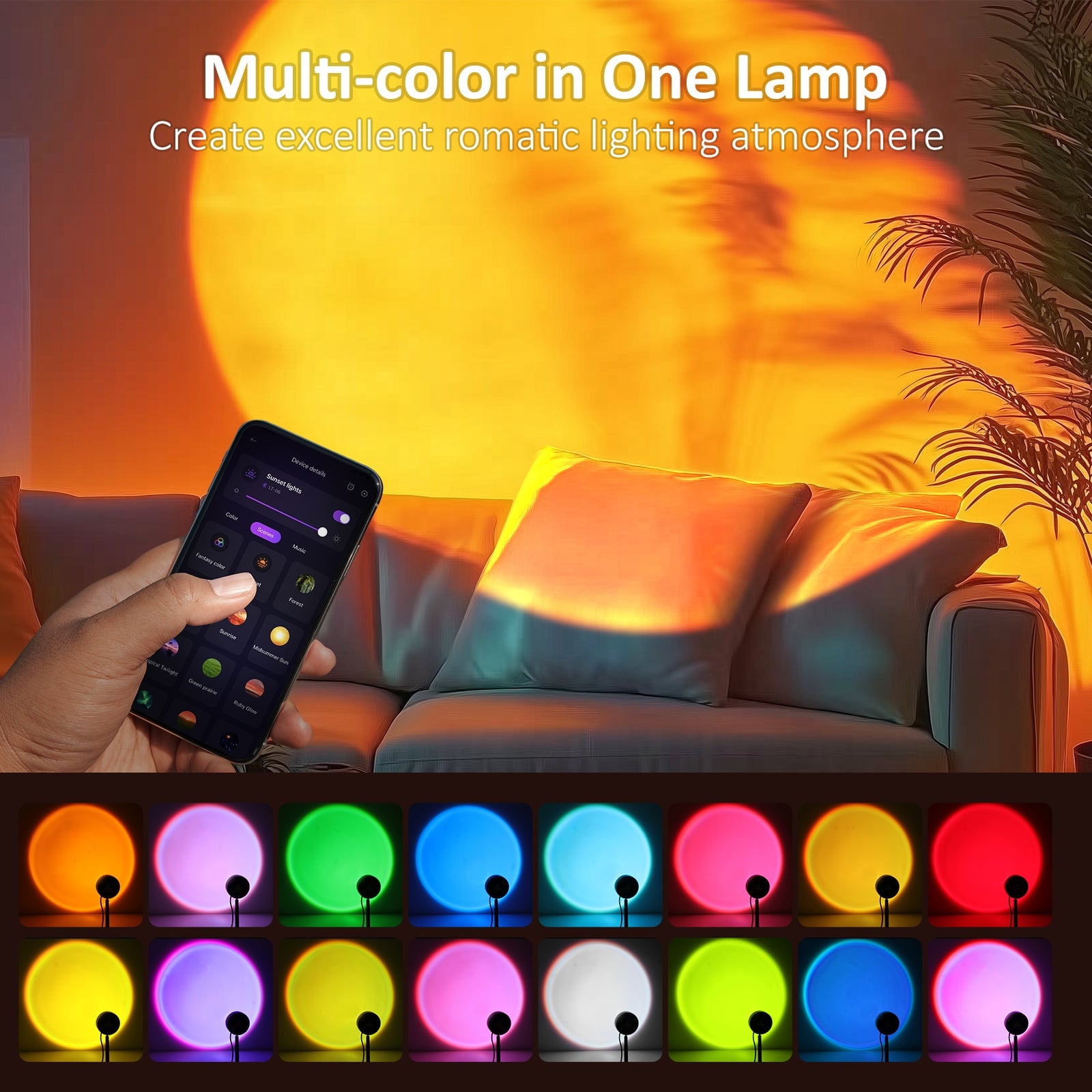 Cpeelsdo Sunset Lamp, RGB Color Changing LED Projector Light with App Control (Multicolor, 1 Pack) dv0nx