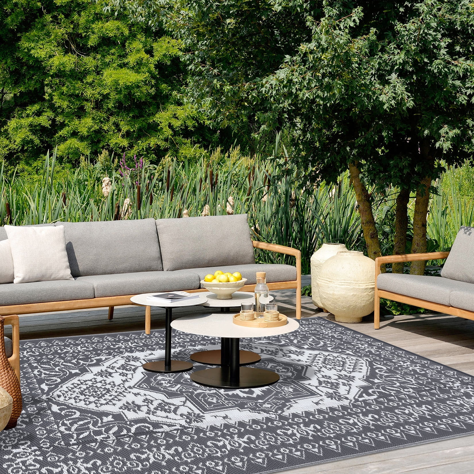 HOMERRY Geometric Floral Outdoor Rug Waterproof Reversible Plastic Carpet for Patio RV (White/Gray, 8 ft x 10 ft) kbbgr