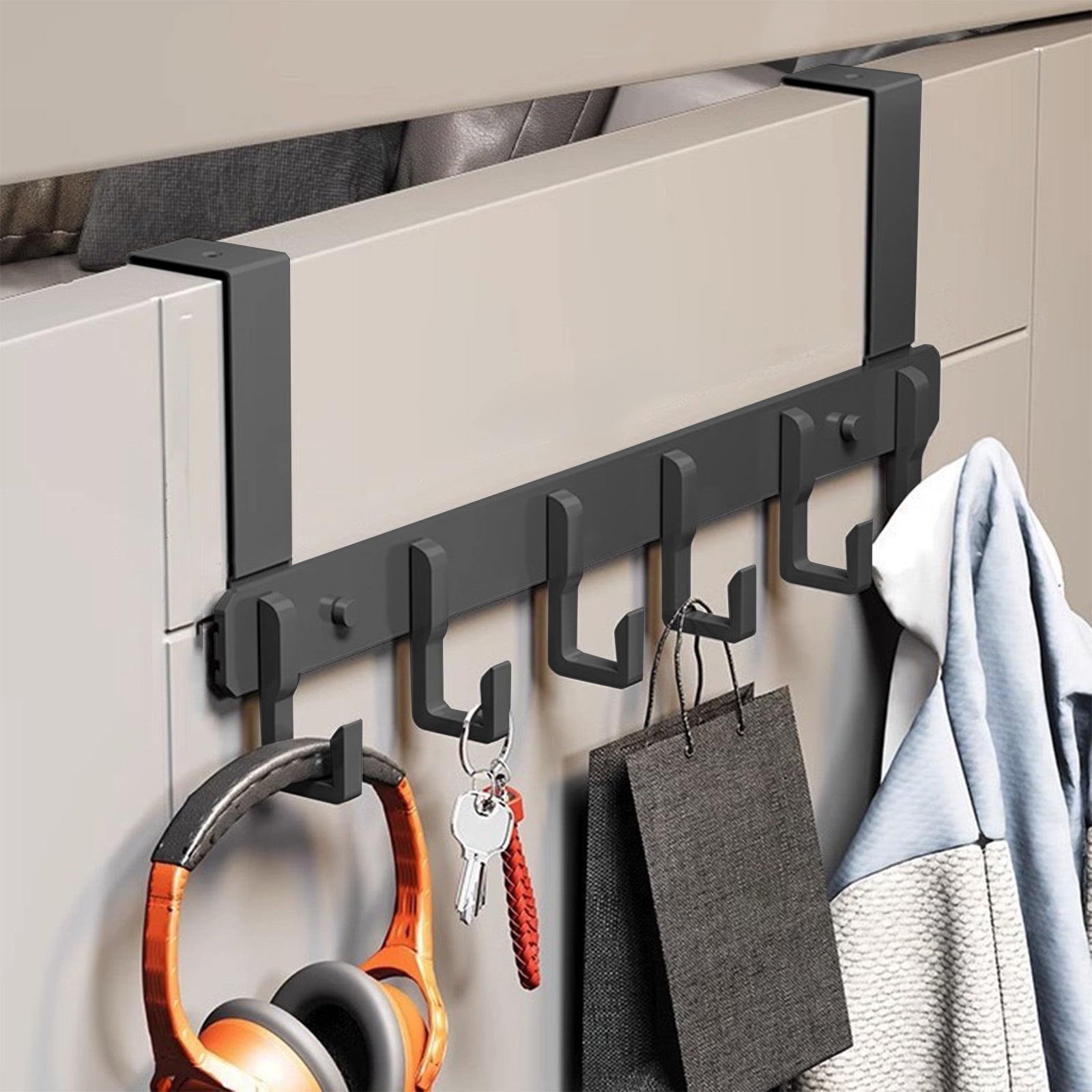 Ikohbadg Over The Door Towel Rack, Heavy-Duty Metal Organizer with 6 Hooks for Bathroom and Bedroom (Grey, 15.8 in x 5.5 in) h4jll