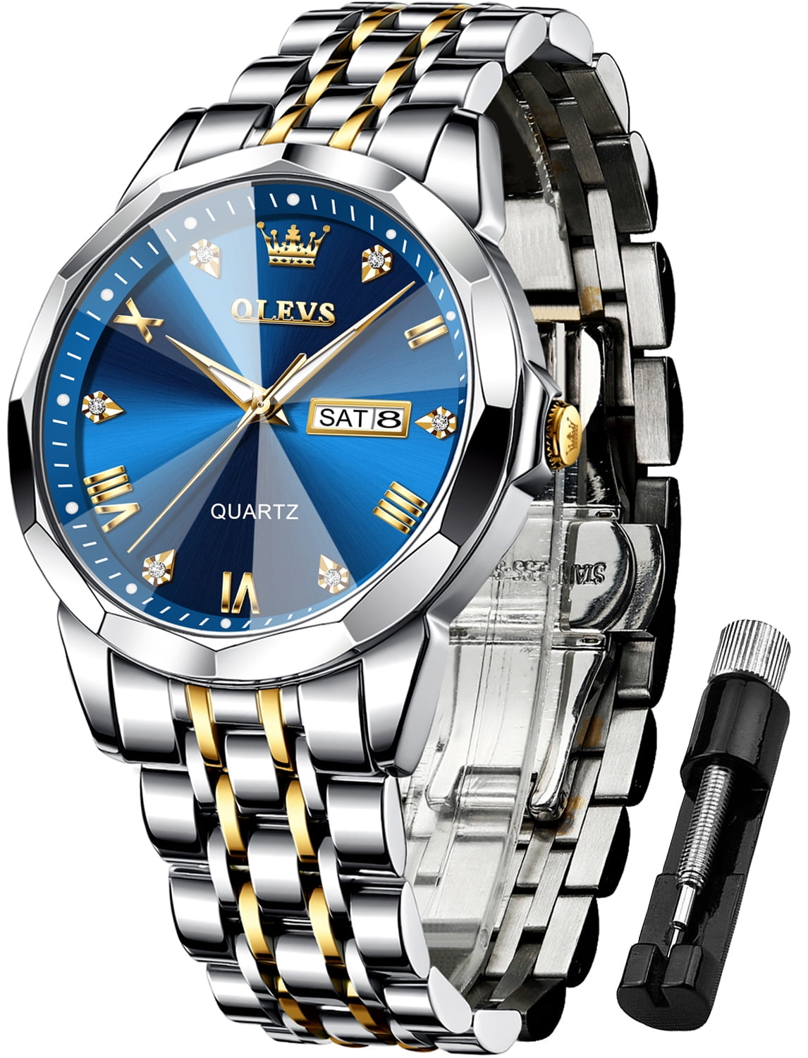 OLEVS Men's Diamond Analog Quartz Dress Watch Stainless Steel Waterproof Business Wristwatch (Blue, 1.6 in) fduvn