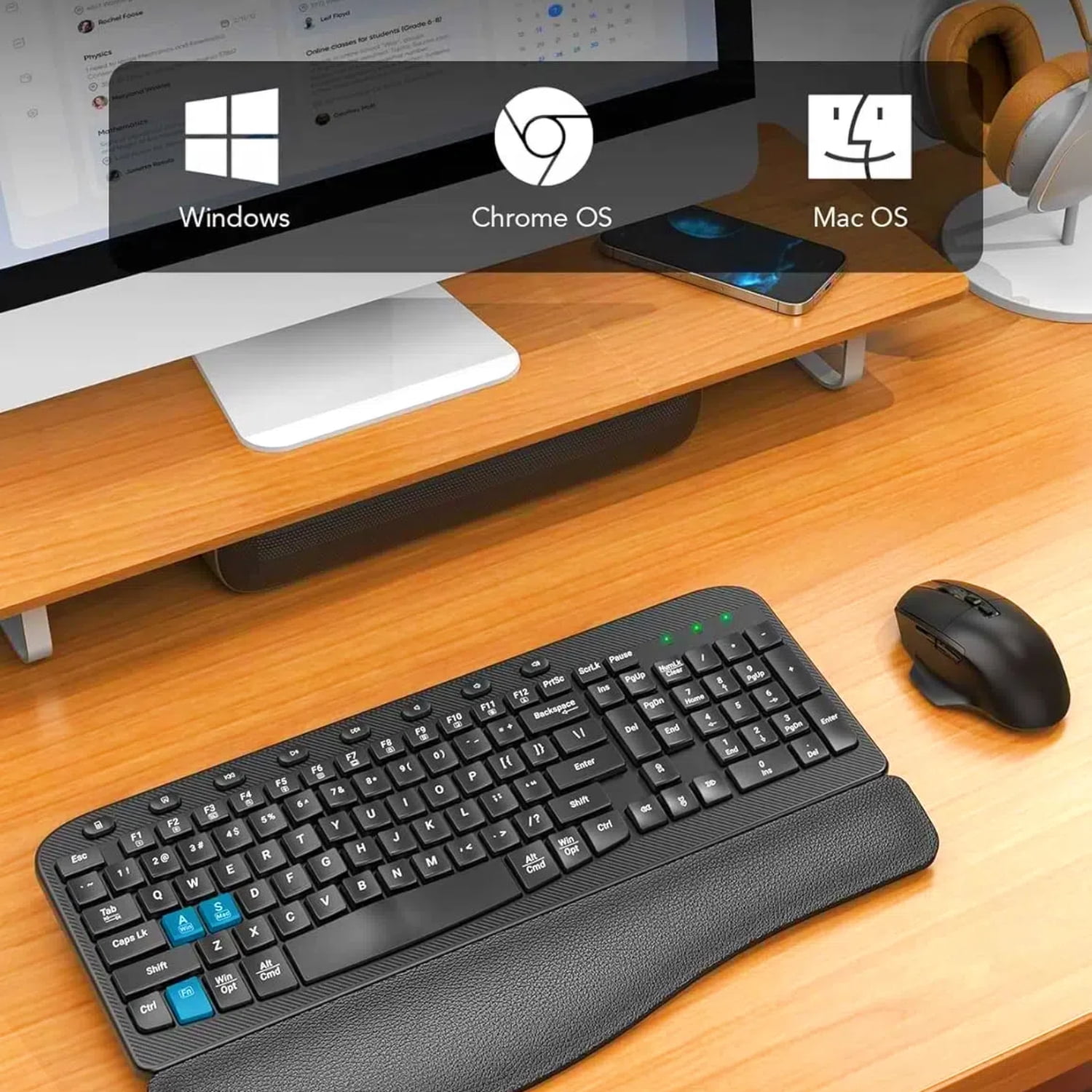 Wagpak Ergonomic Wireless Keyboard and Mouse Combo with Leather Palm Rest (Black, 1 Set) 1agds