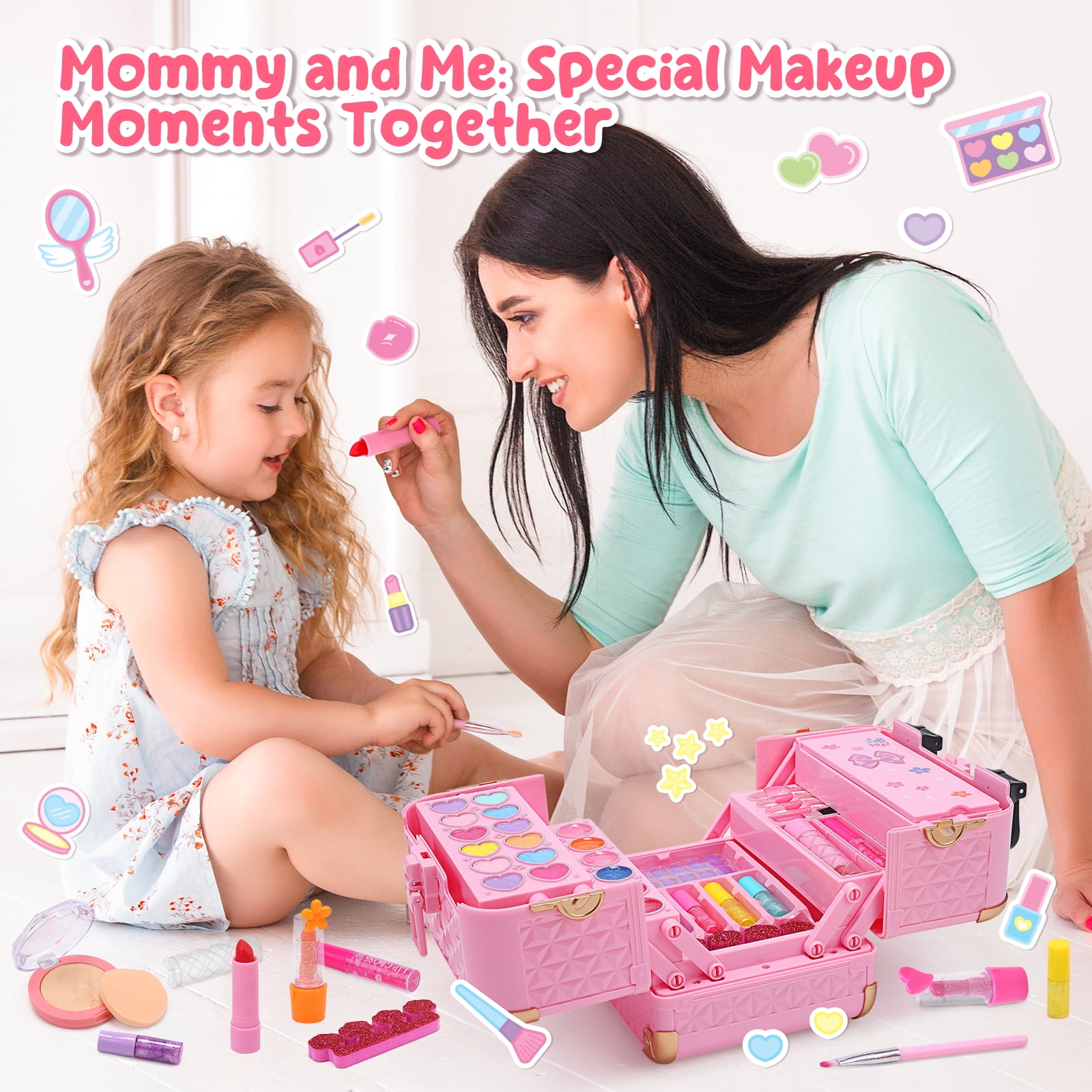 JoyStone Kids Washable Makeup Kit, Pretend Play Vanity Set with Carrying Case (Pink, 62-Piece Set) 6yhxu