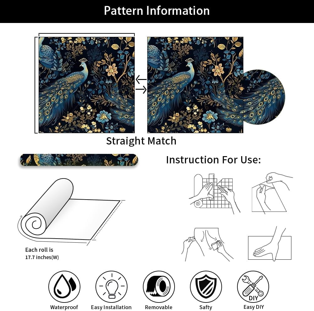Usachibb Peel and Stick Wallpaper Vintage Peacock Floral Contact Paper for Furniture and Walls (Gold, 17.7 in x 118.1 in) 5b86z