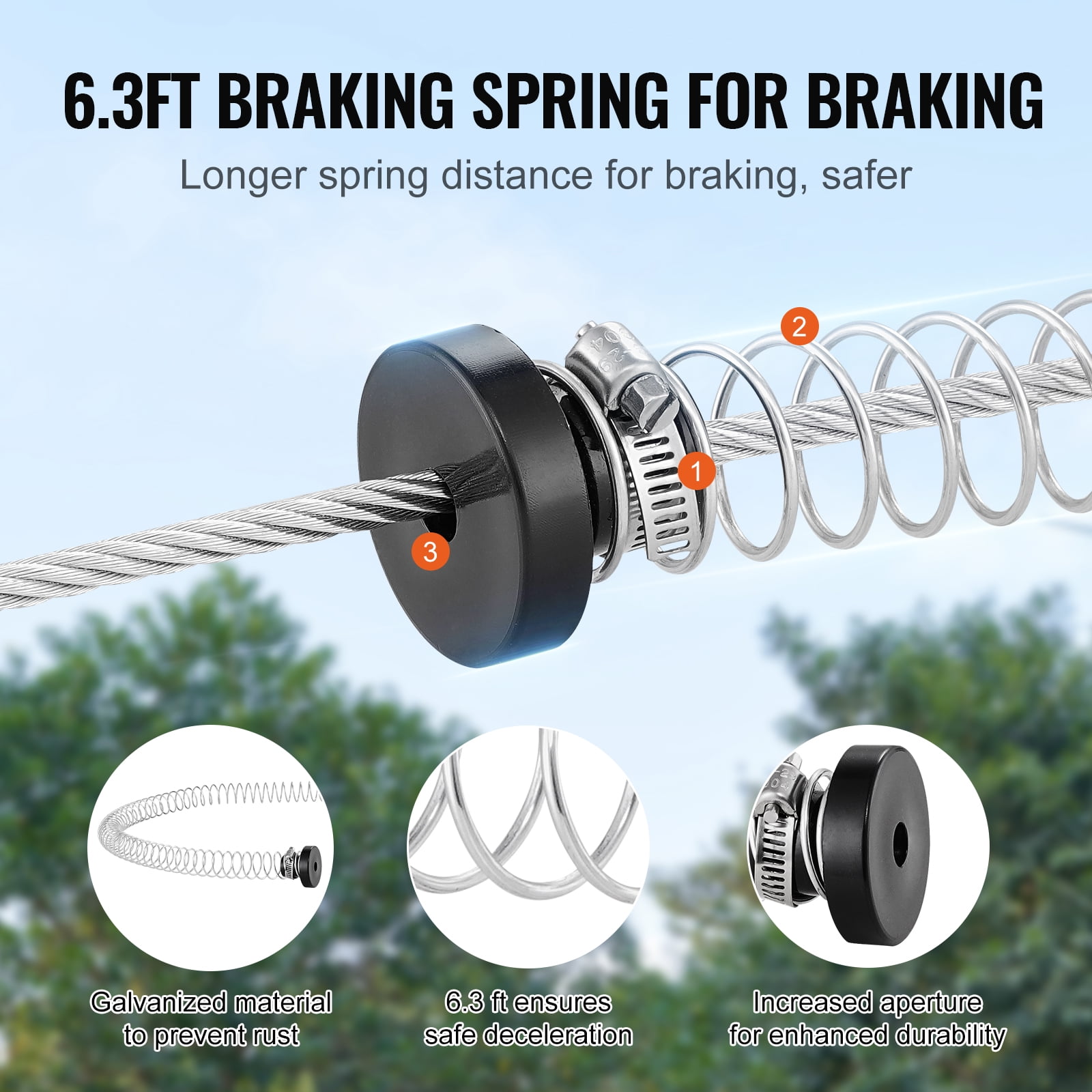 VEVOR Zipline Kit for Backyard Outdoor Play, Heavy-Duty Stainless Steel Cable with Spring Brake and Safety Harness (Blue, 160 ft) t0r89