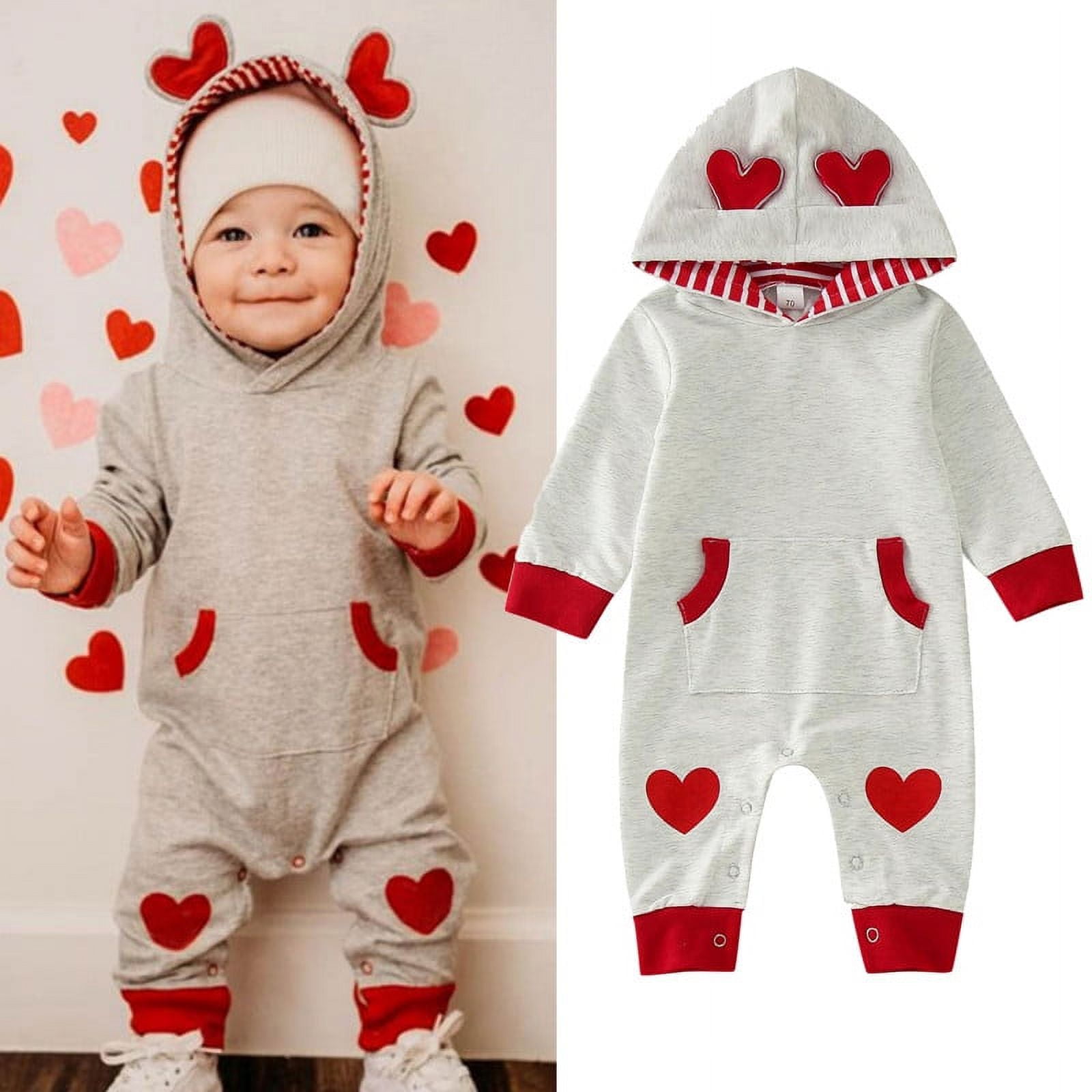 Byoo Baby Boys Valentine's Day Heart Print Hooded Romper (Grey, 12-18 Months) jqbuq