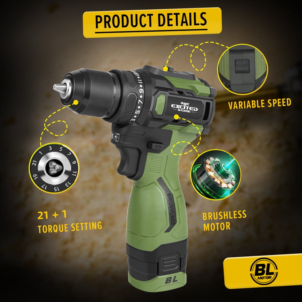 EXCITED WORK Brushless Cordless Drill and Impact Driver Combo Kit (17V, 2-Piece Set) 12otx