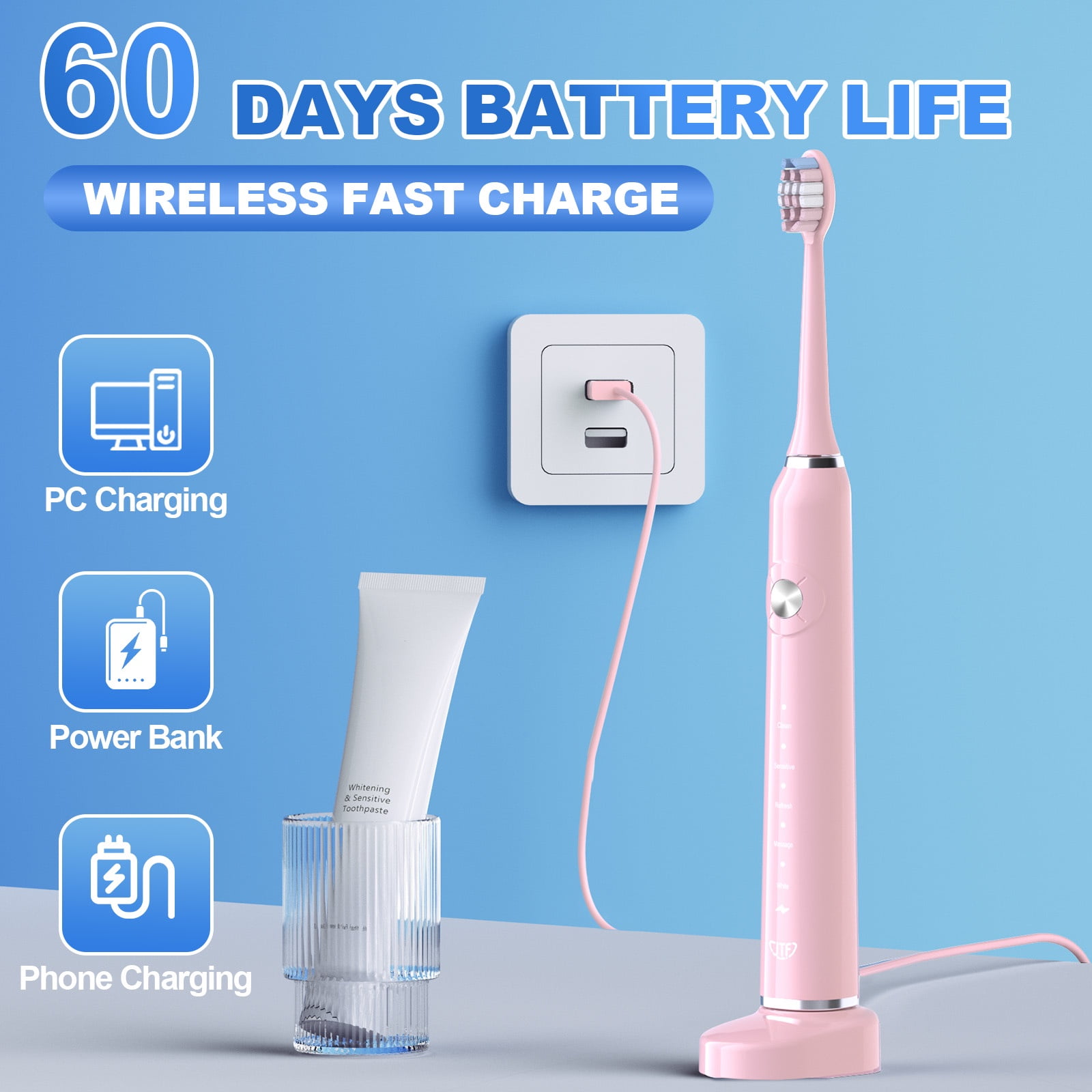 JTF Sonic Electric Toothbrush with Travel Case and 6 Brush Heads (Pink, 1 Pack) ez4fh