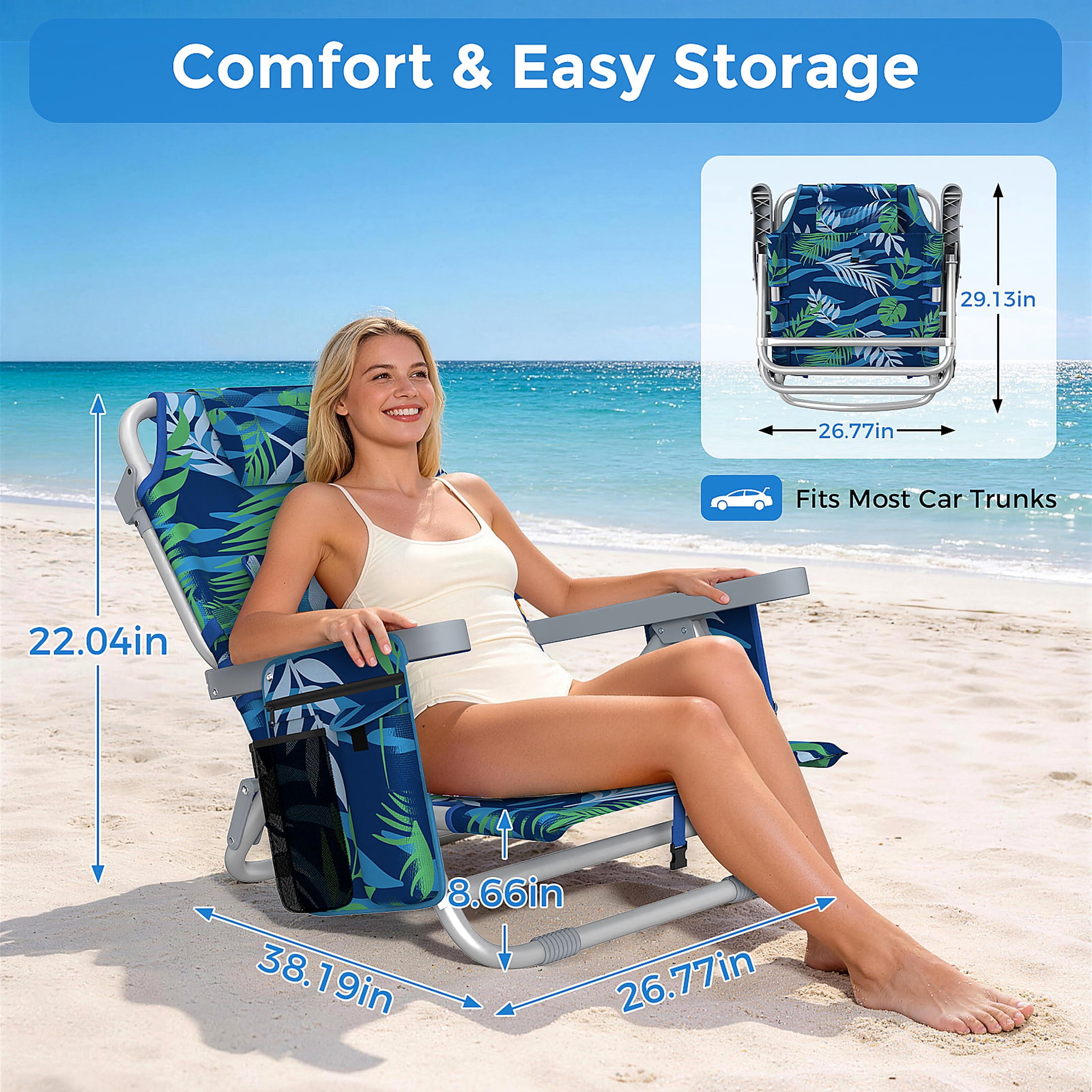 DKMOCO Backpack Beach Chair Folding Camping Chair, Heavy Duty 6-Position Reclining Outdoor Lounge Chair with Cup Holder (Leaf Blue-Green, 1 Pack) 8l8kz