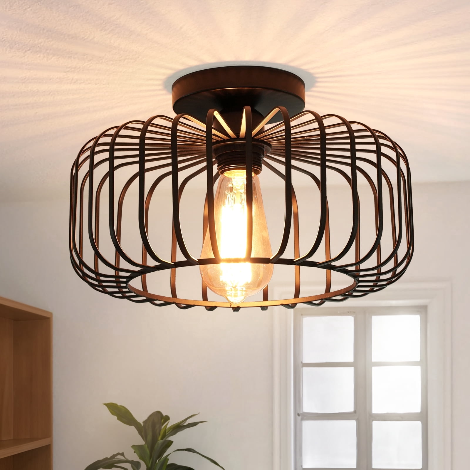 FRIDEKO HOME Modern Semi Flush Mount Ceiling Light, Industrial Metal Cage Fixture for Bedroom and Kitchen (Black, 11.22 in) 9jqjf