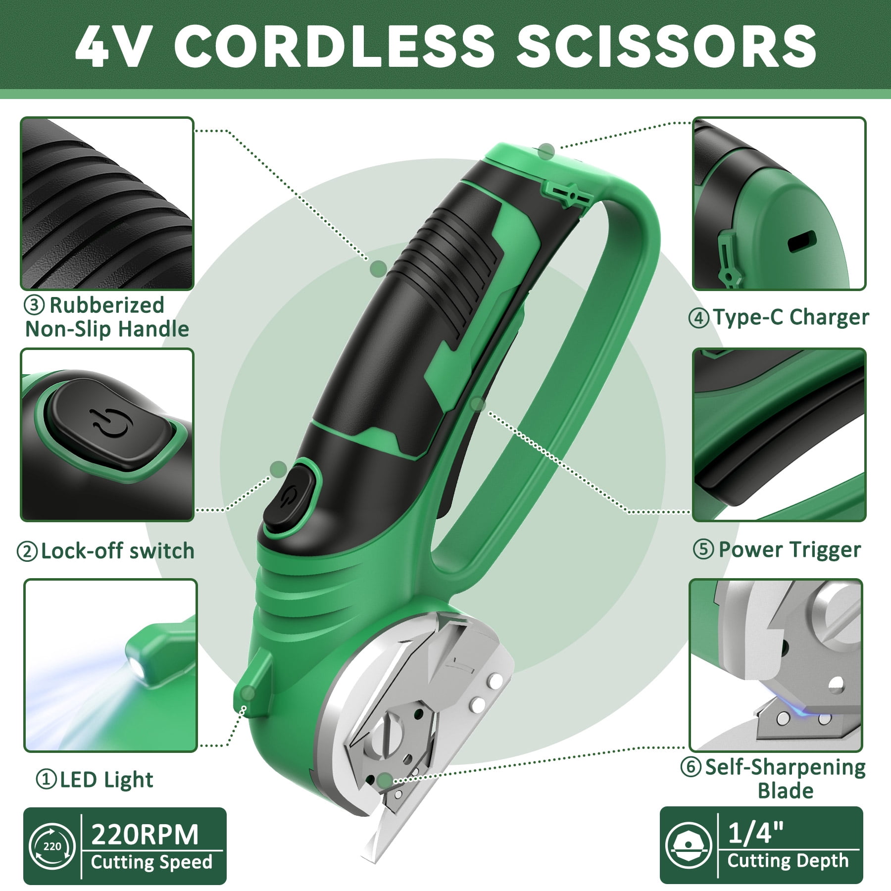 Jellas Cordless Electric Scissors, Rechargeable Power Cutter for Cardboard, Fabric, and Leather (Green, 8 in) 9x6ac