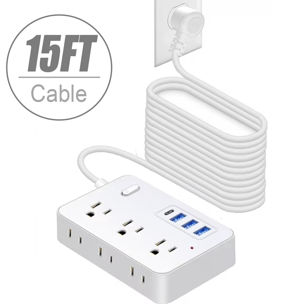 BOHASHIN Power Strip Extension Cord with 6 Widely Spaced Outlets and 4 USB Charging Ports (White, 15 ft) gtuph