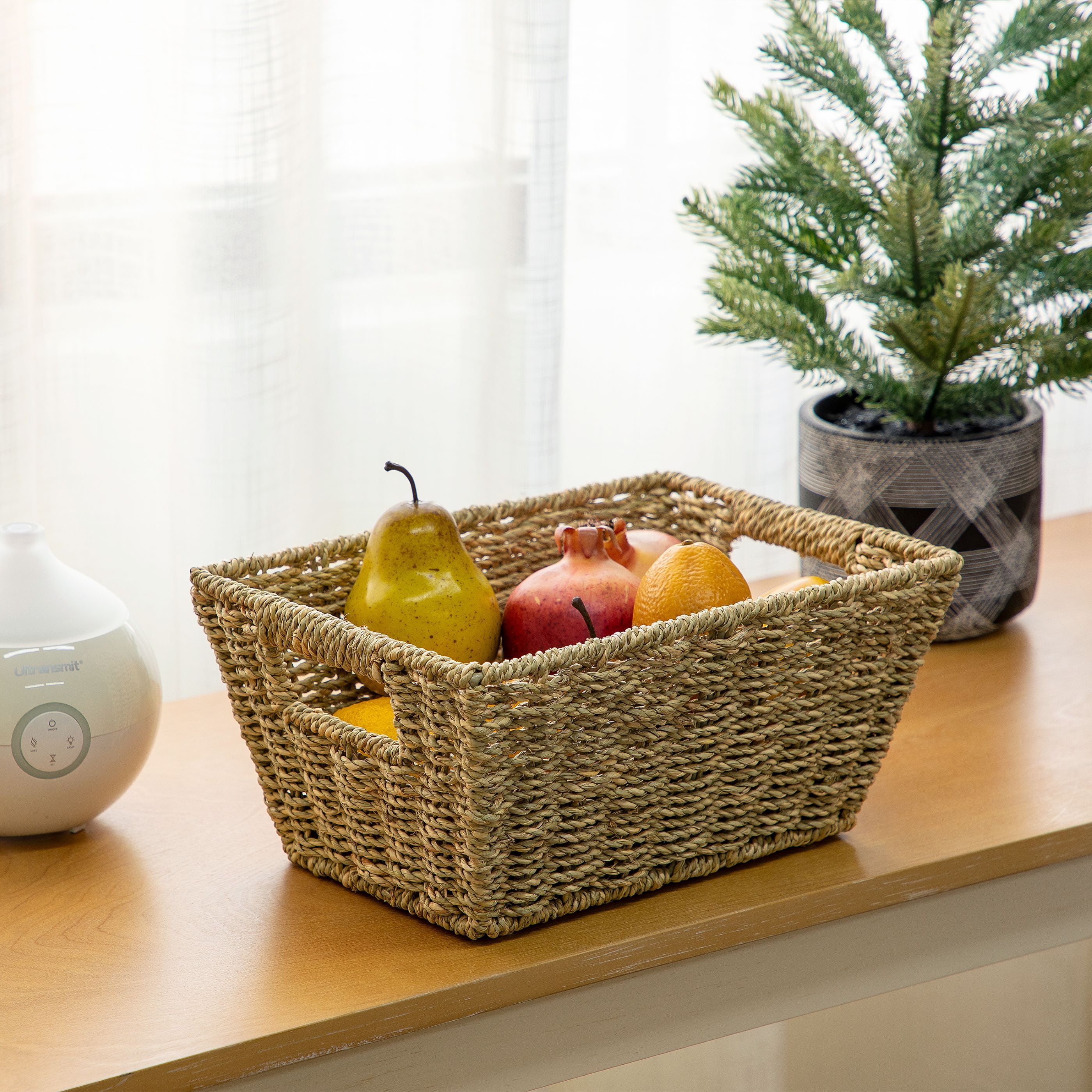 Mainstays Natural Handwoven Seagrass Basket, Decorative Storage Organizer (Rectangle, 12 in x 8 in x 6 in) w3a0o
